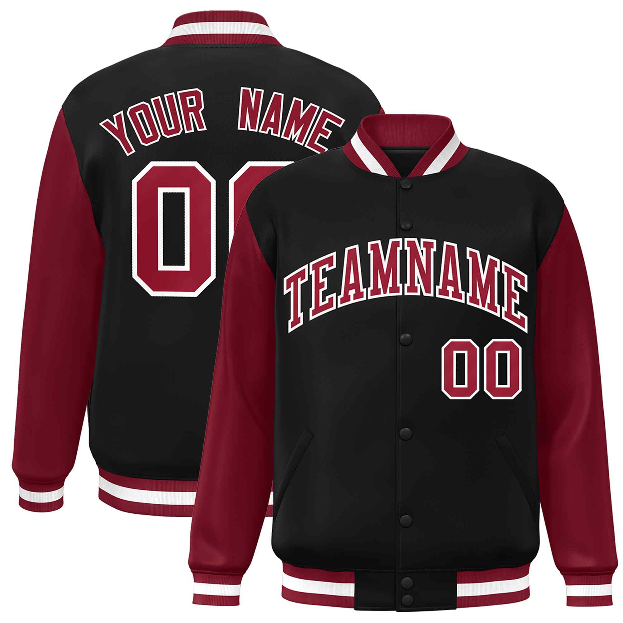 Veste Letterman Varsity à manches raglan noires et blanches personnalisées