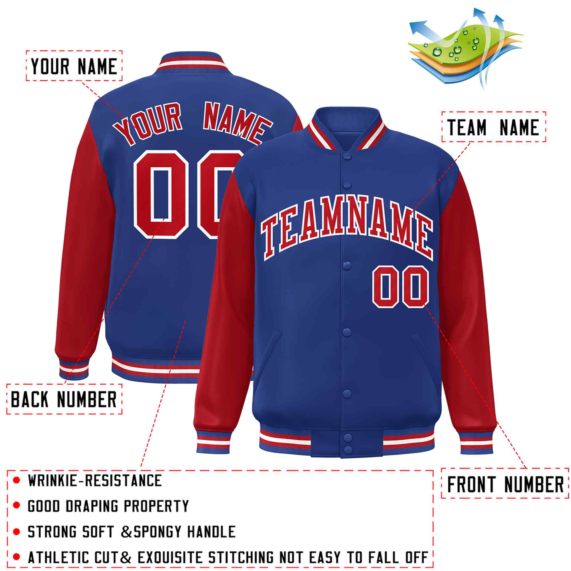 Custom Royal Red-White Raglan Sleeves Varsity Full-Snap Letterman Jacket