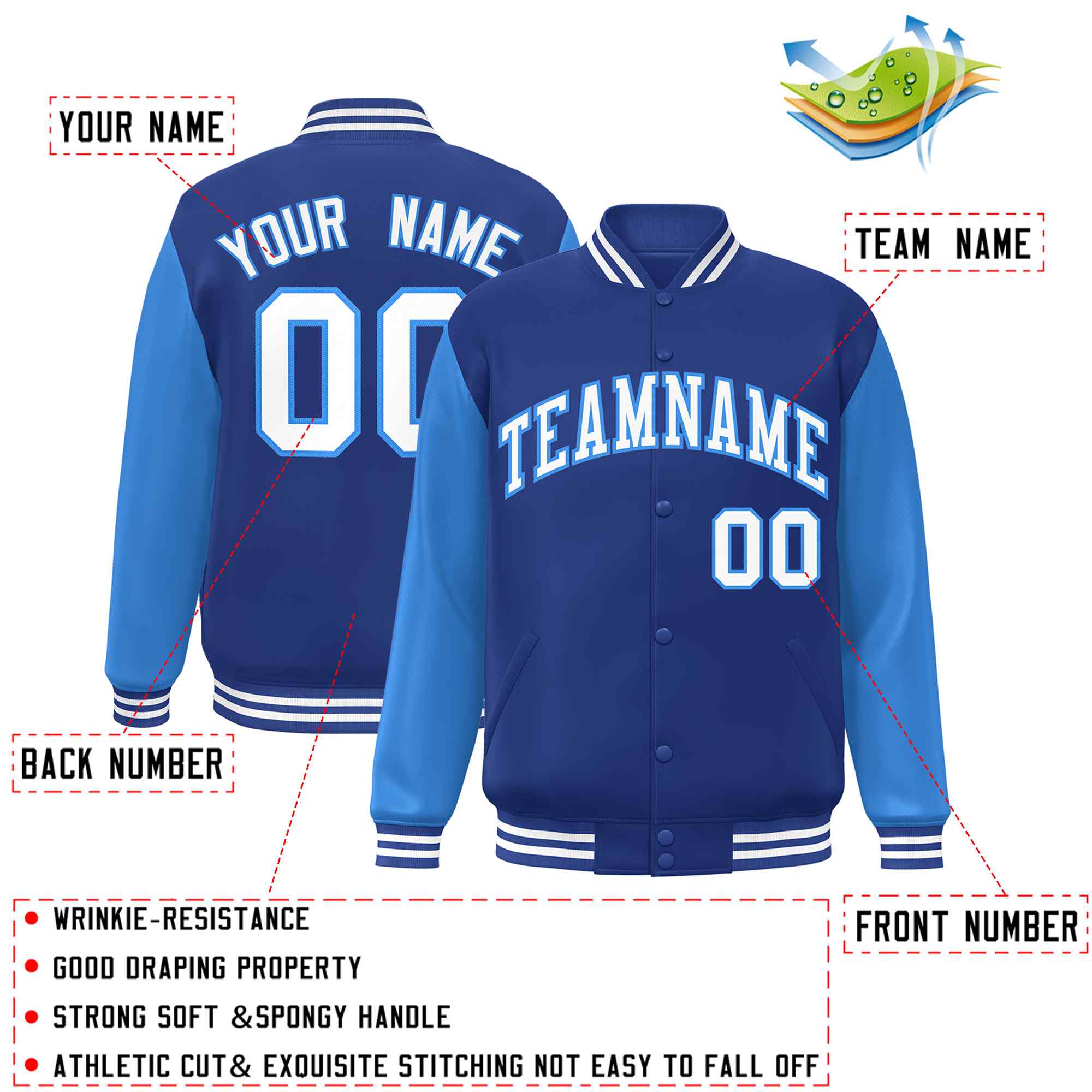 Custom Royal White-Powder Blue Raglan Sleeves Varsity Full-Snap Letterman Jacket