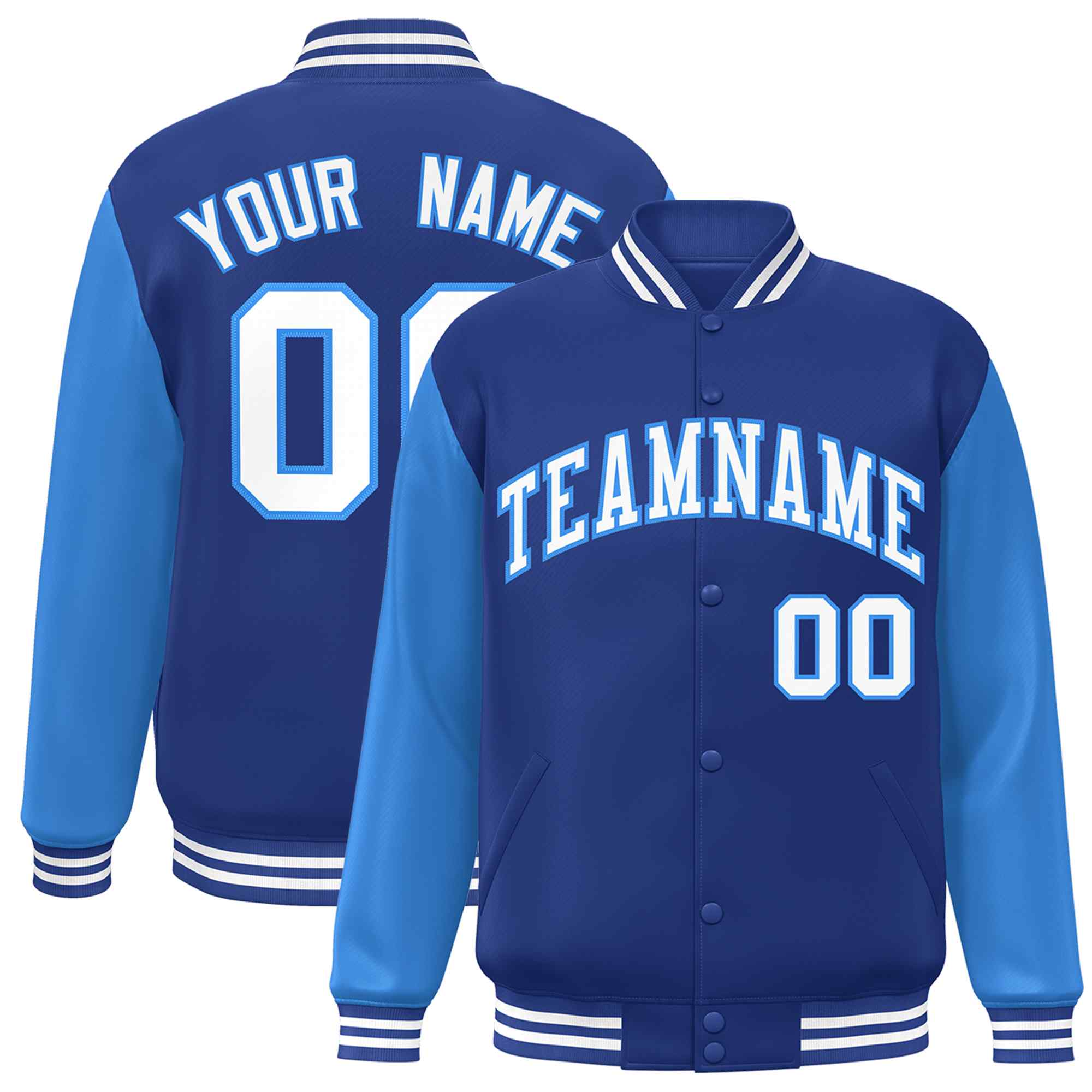 Veste Letterman Varsity Full-Snap Custom Royal White-Powder Blue à manches raglan