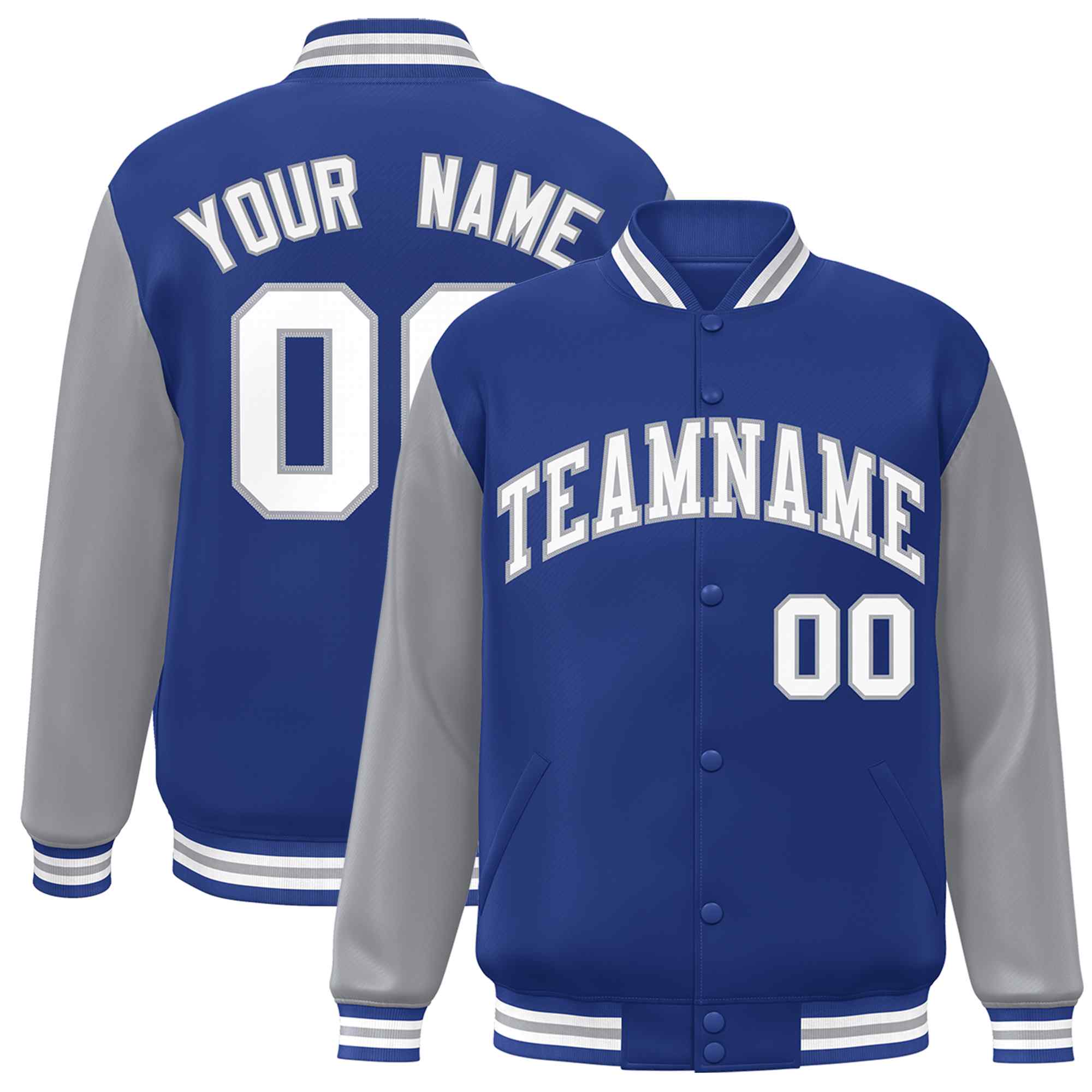 Veste Letterman Varsity Full-Snap personnalisée à manches raglan blanc-gris royal