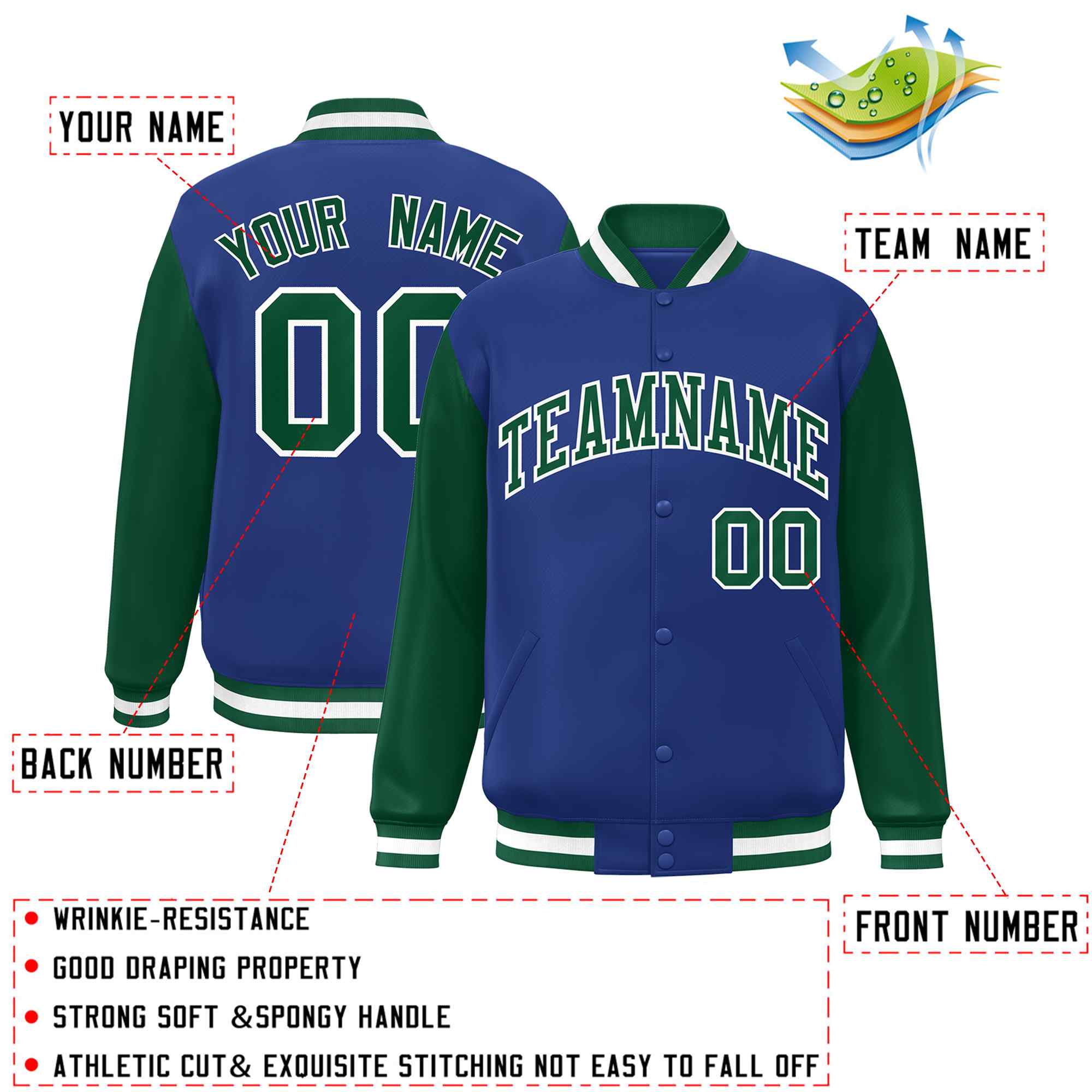 Veste Letterman Varsity Full-Snap à manches raglan personnalisées Royal Green-White