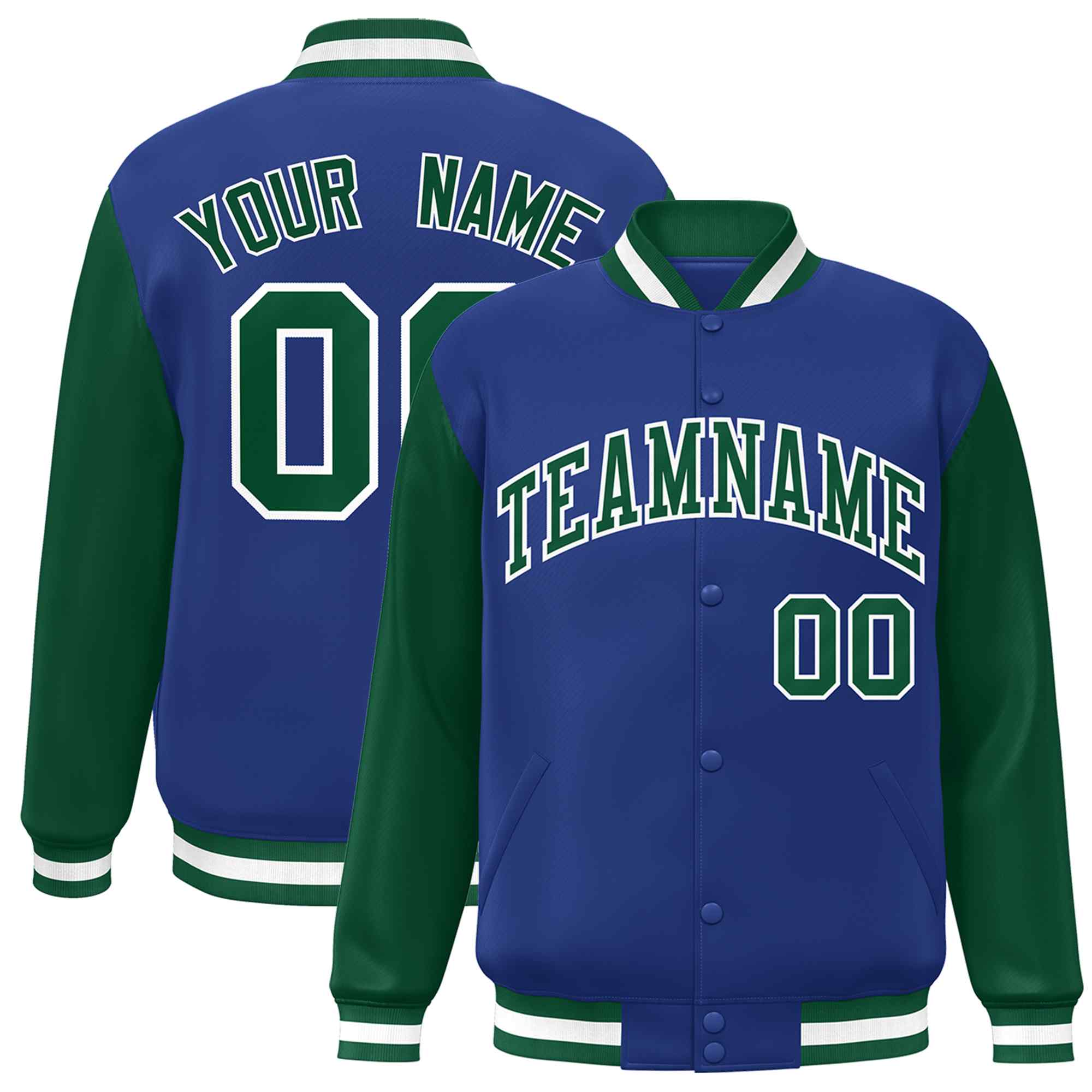 Veste Letterman Varsity Full-Snap à manches raglan personnalisées Royal Green-White