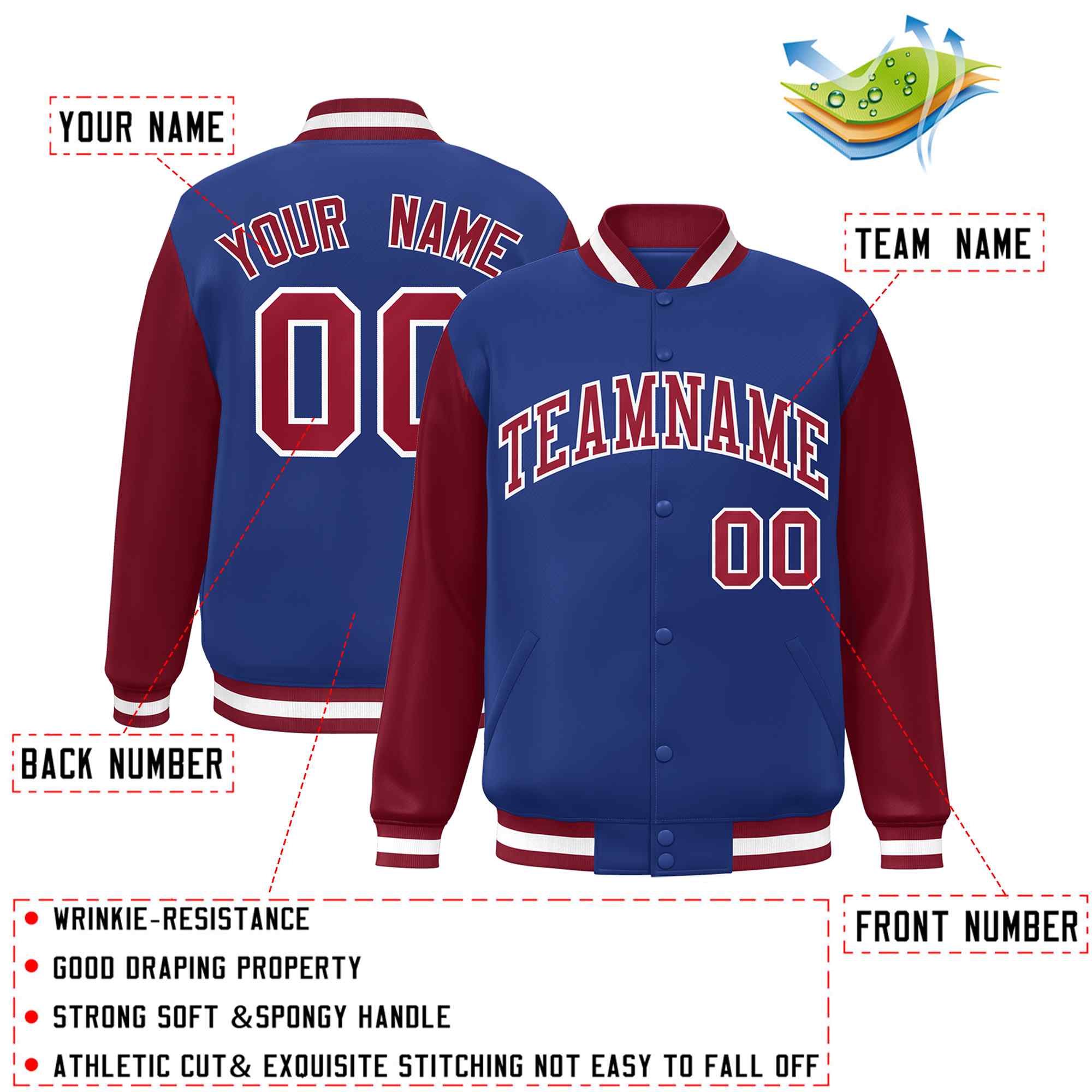 Custom Royal Crimson-White Raglan Sleeves Varsity Full-Snap Letterman Jacket