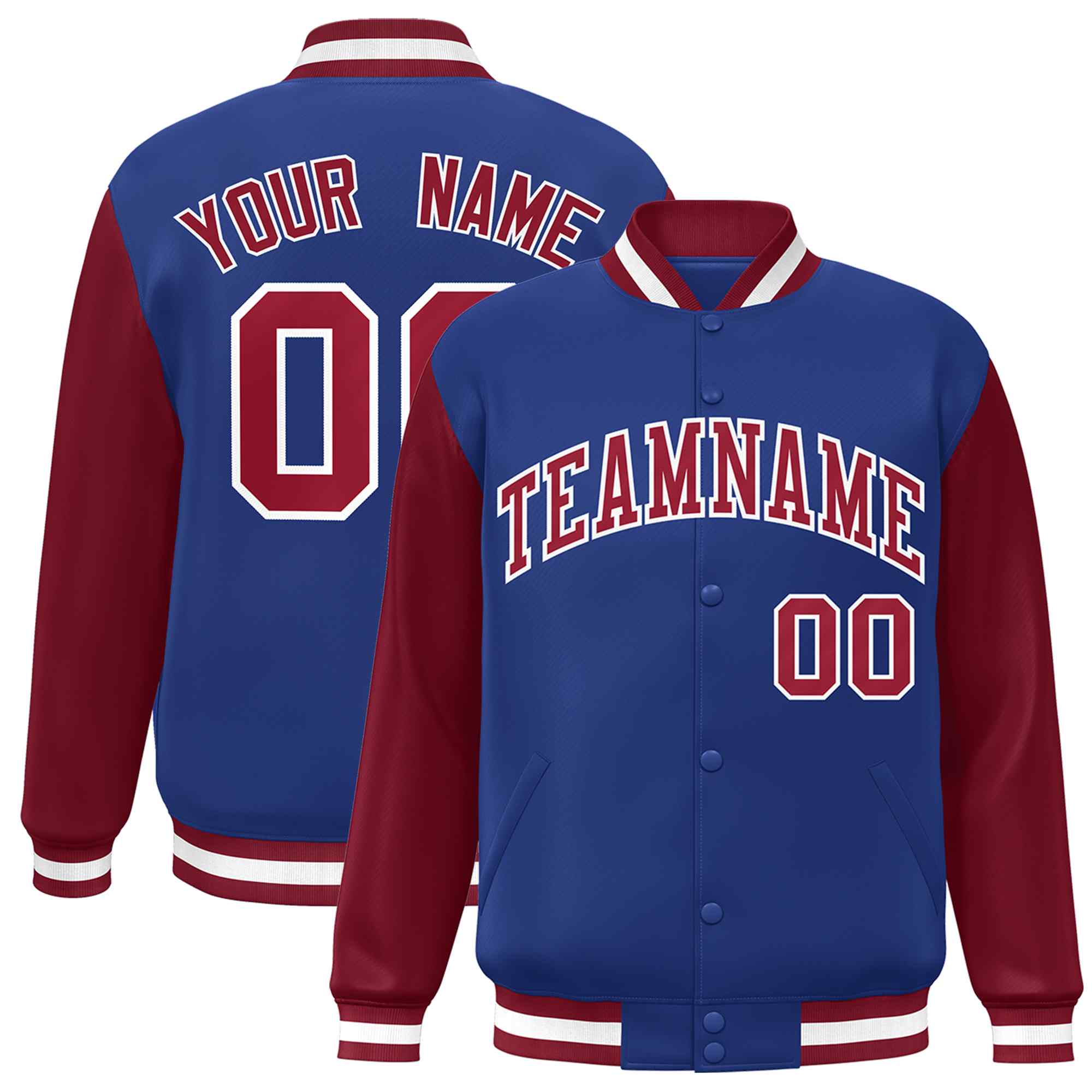 Custom Royal Crimson-White Raglan Sleeves Varsity Full-Snap Letterman Jacket