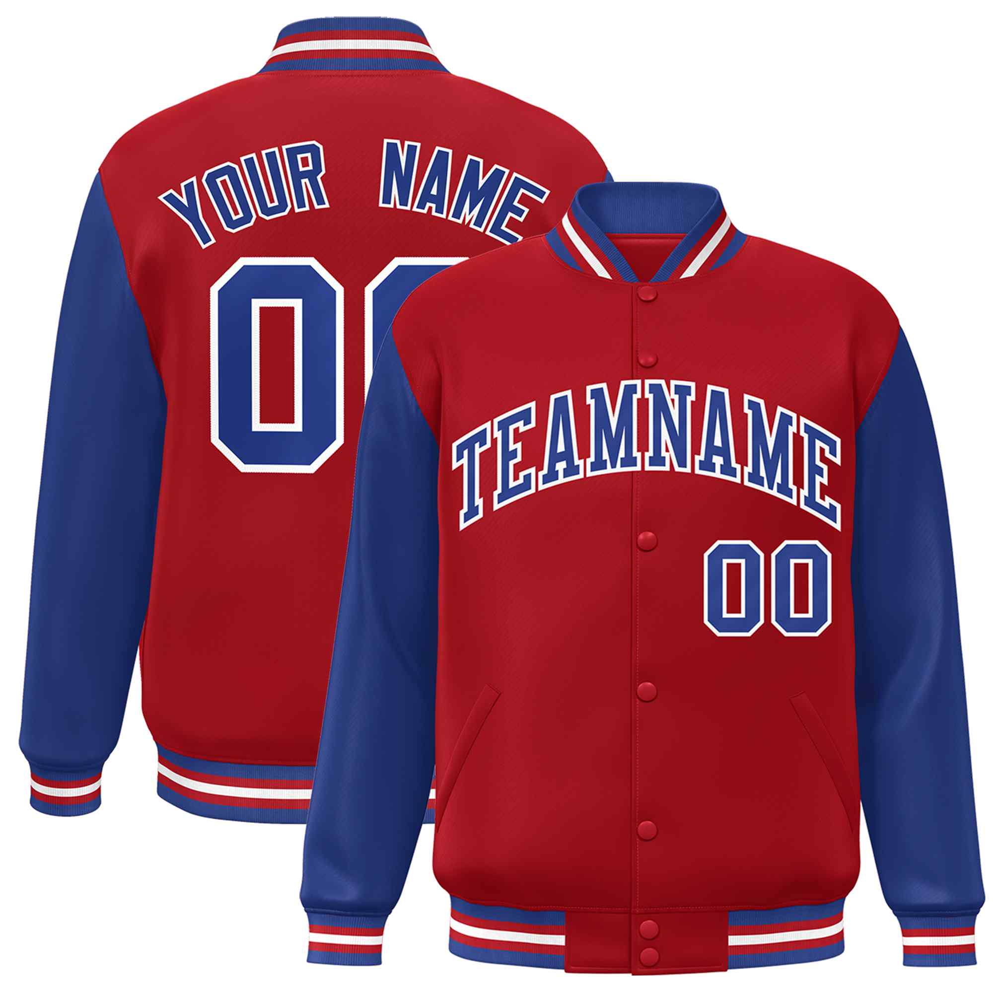 Custom Red Royal-White Raglan Sleeves Varsity Full-Snap Letterman Jacket