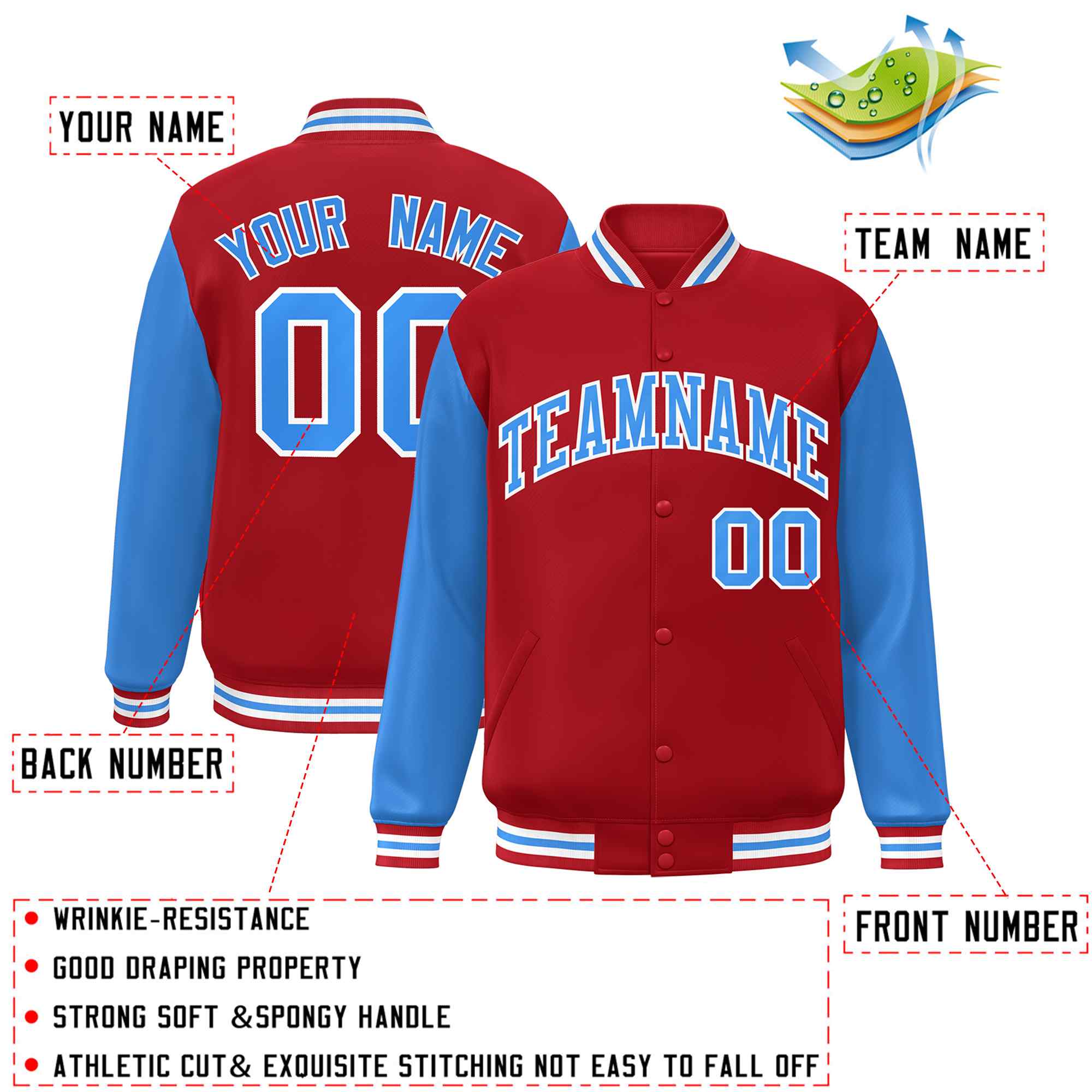 Veste Letterman Varsity Full-Snap à manches raglan bleu-blanc poudre rouge personnalisée