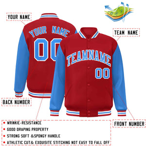 Veste Letterman Varsity Full-Snap à manches raglan bleu-blanc poudre rouge personnalisée