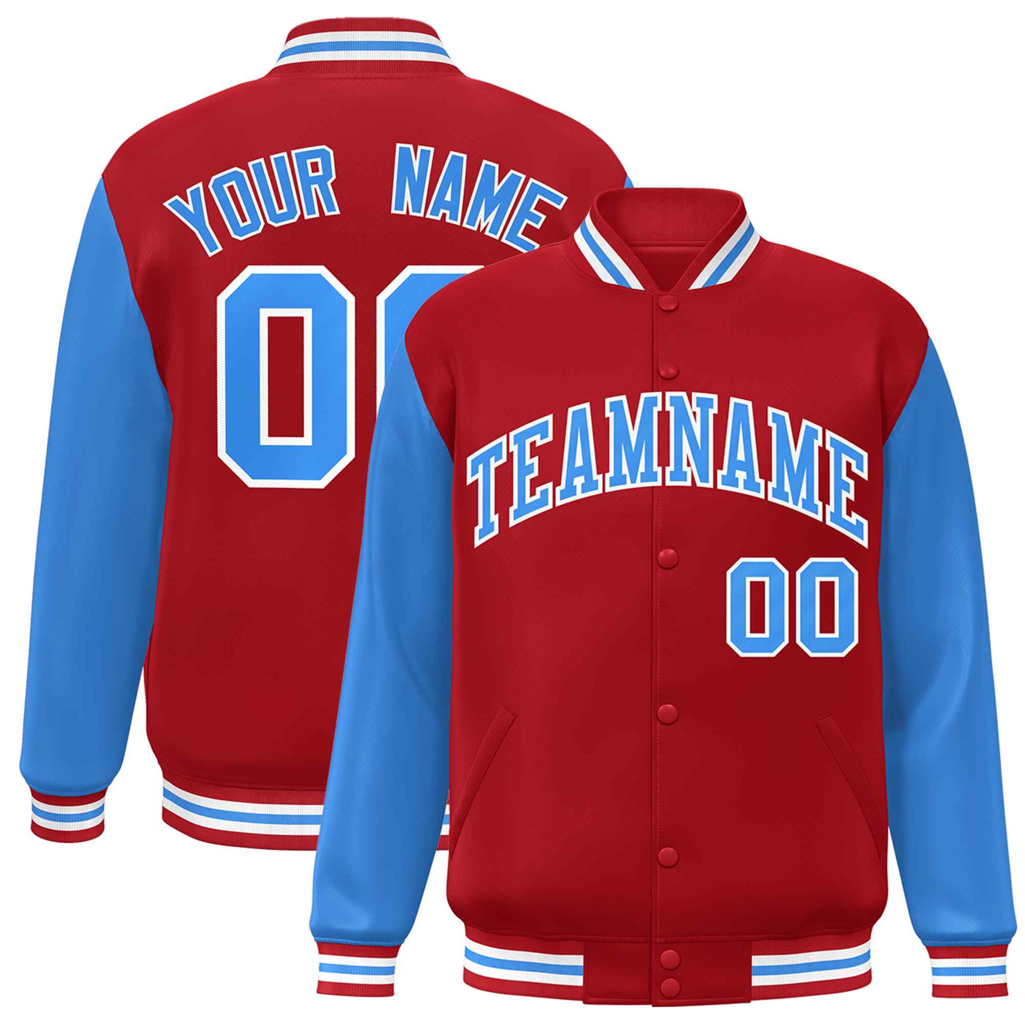 Veste Letterman Varsity Full-Snap à manches raglan bleu-blanc poudre rouge personnalisée