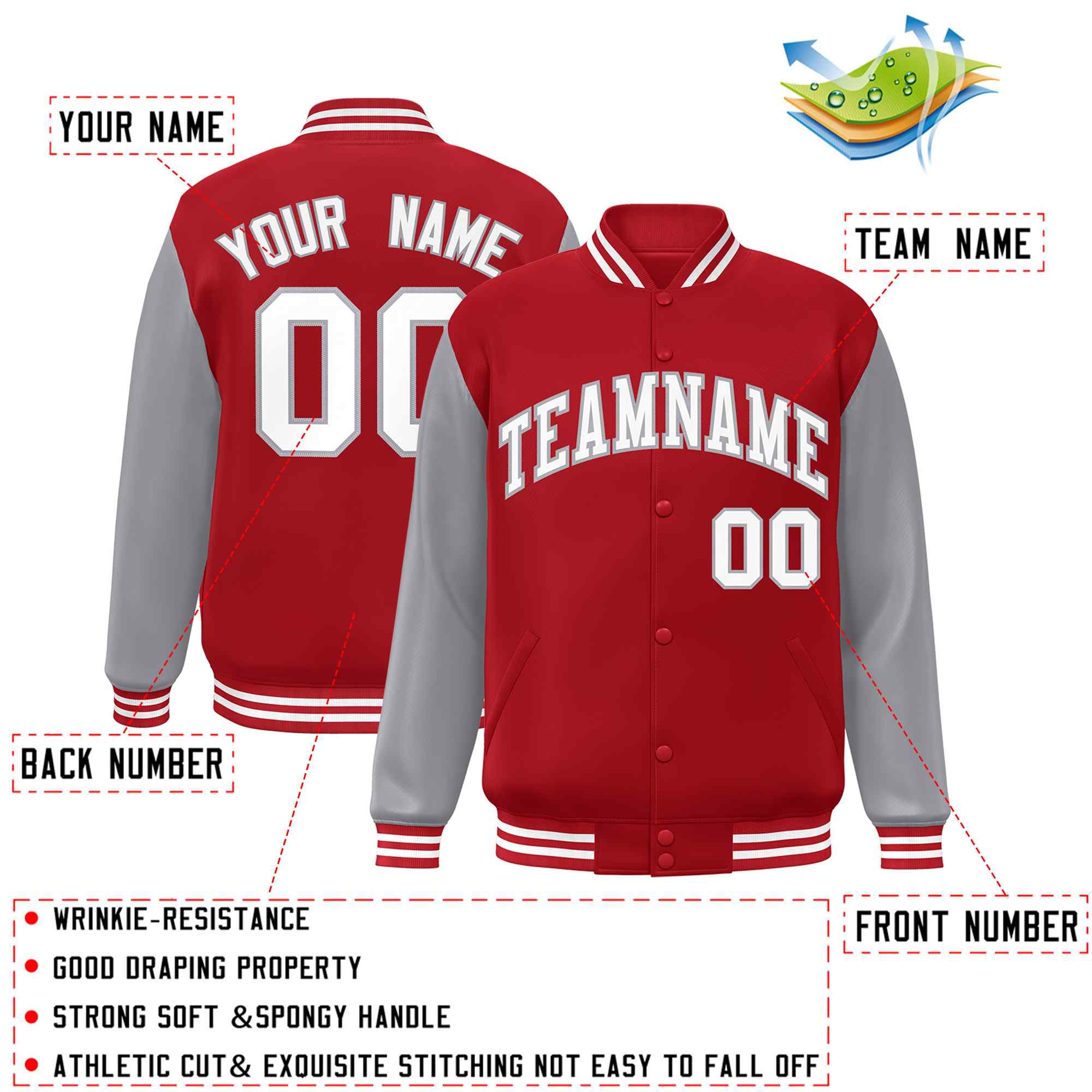 Veste Letterman Varsity Full-Snap à manches raglan rouge blanc-gris personnalisée