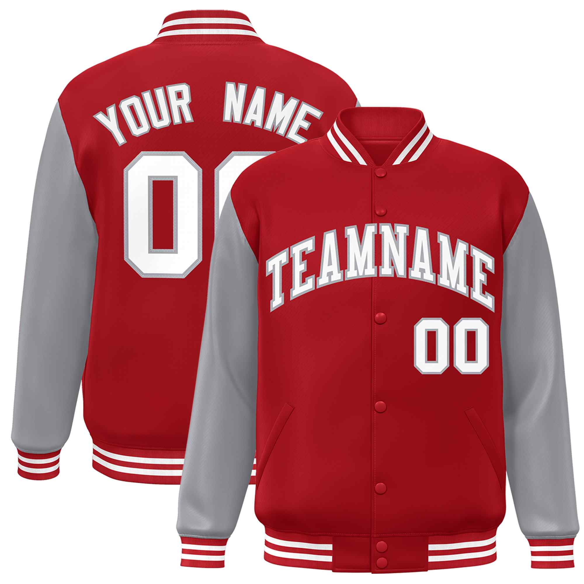 Veste Letterman Varsity Full-Snap à manches raglan rouge blanc-gris personnalisée