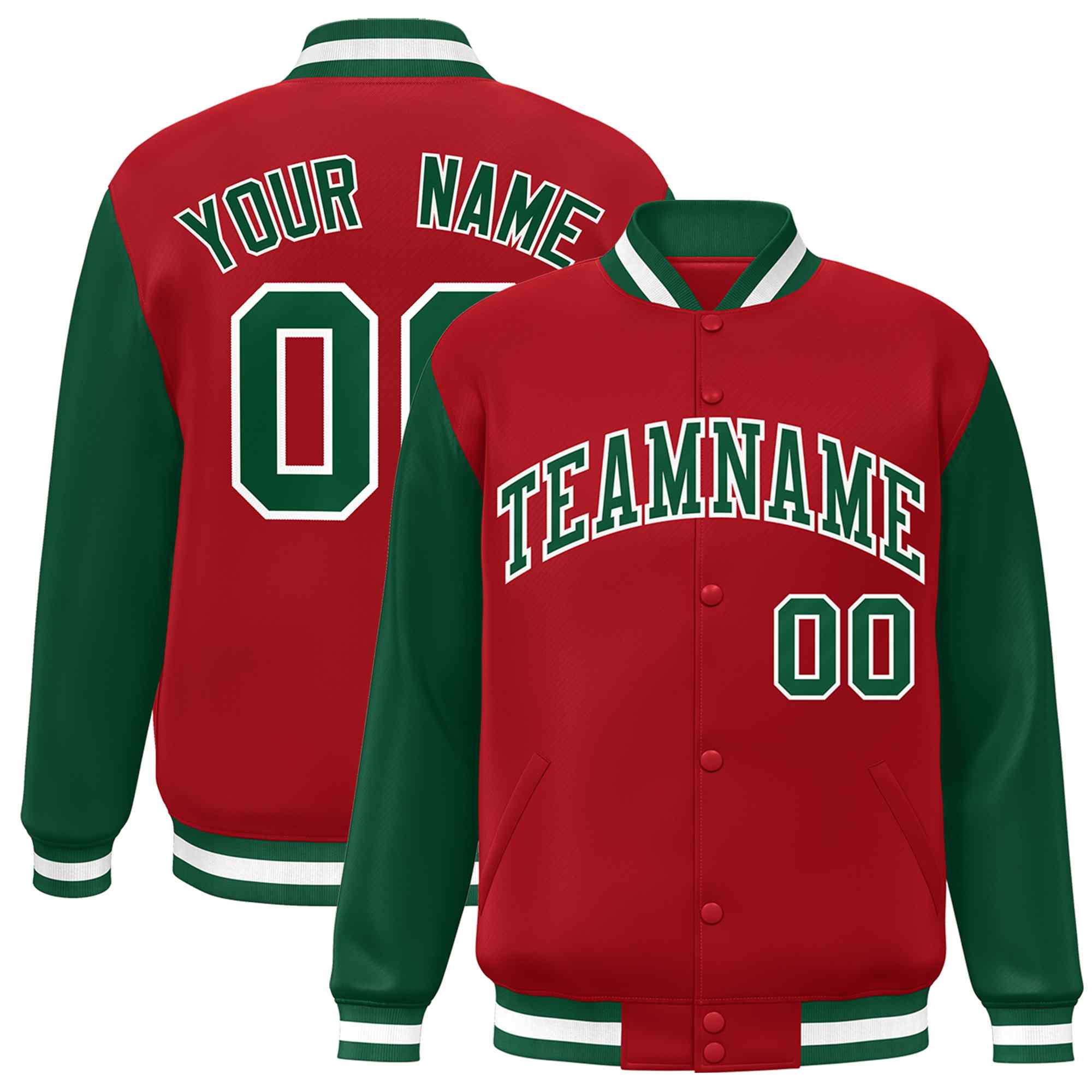 Veste Letterman Varsity Full-Snap à manches raglan personnalisées rouge vert-blanc