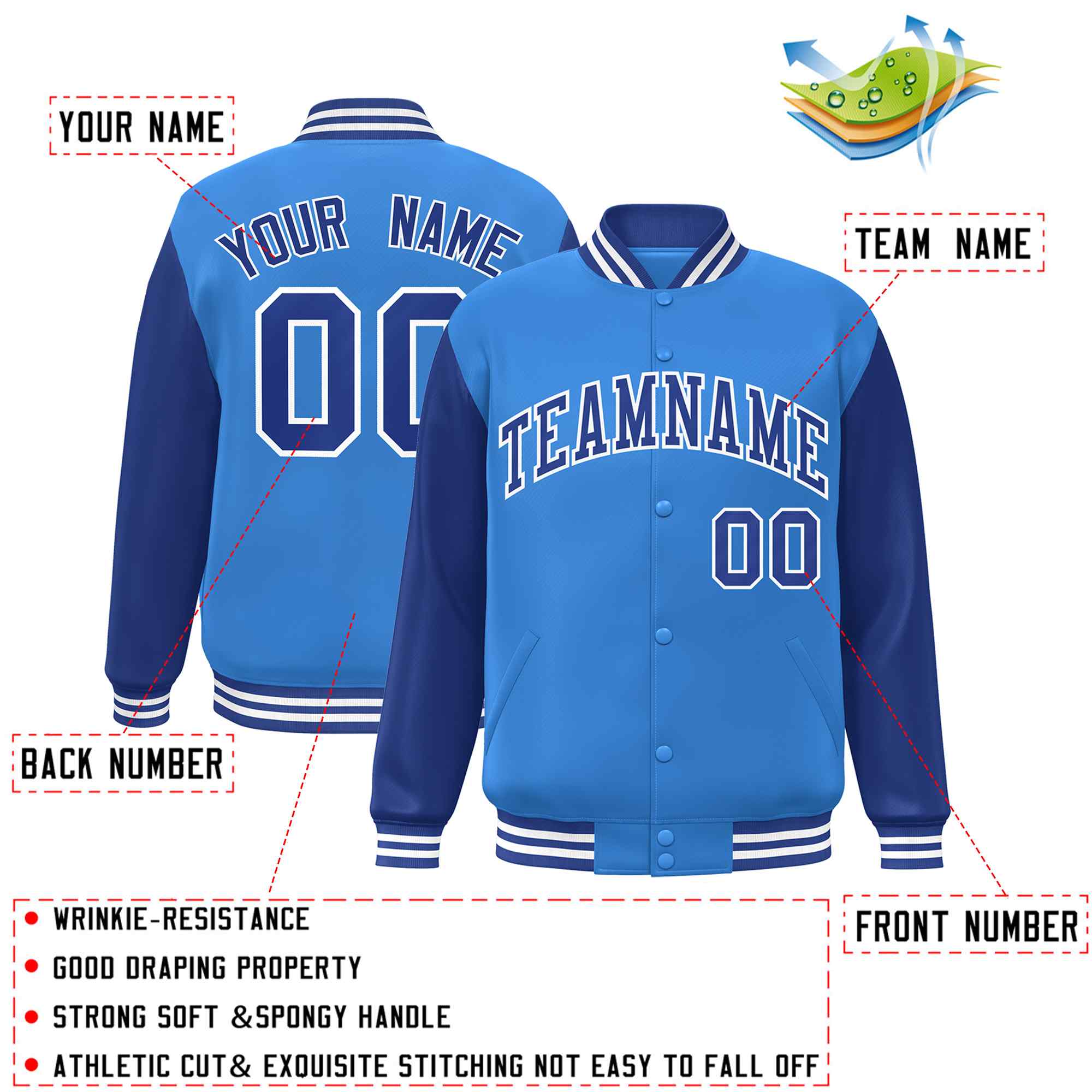 Custom Powder Blue Royal-White Raglan Sleeves Varsity Full-Snap Letterman Jacket