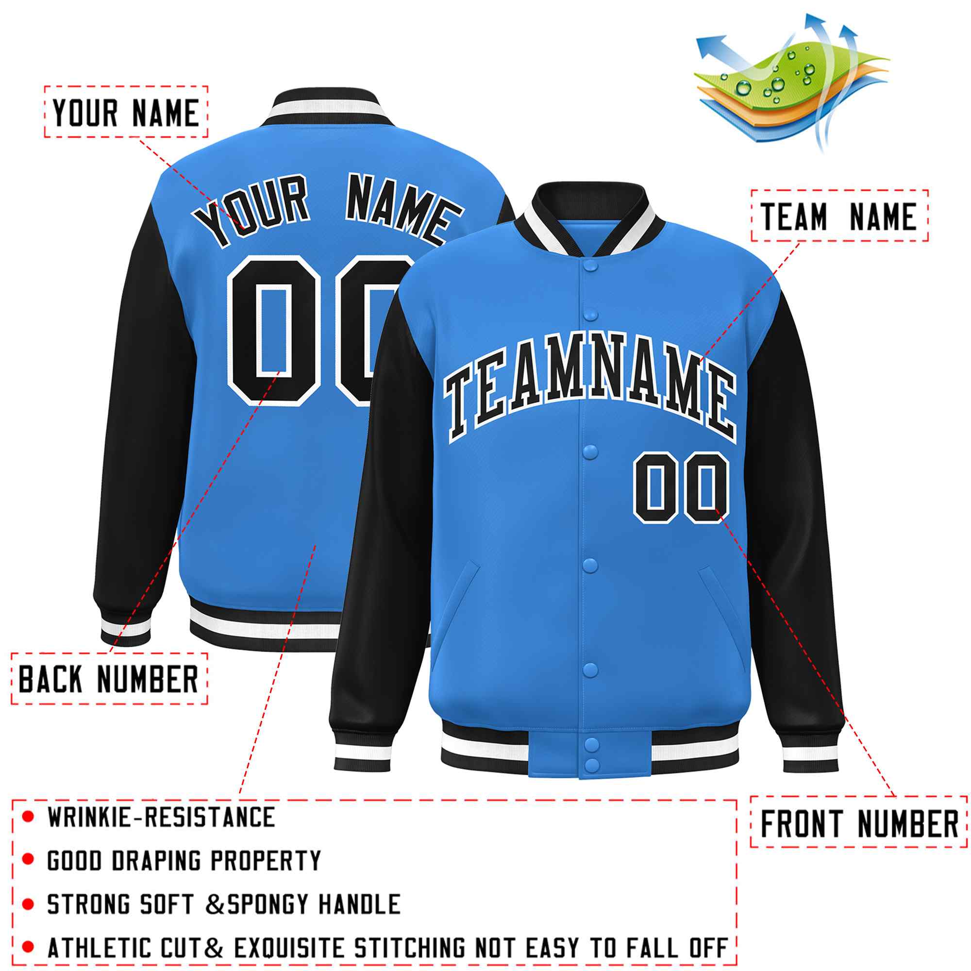 Veste Letterman Varsity Full-Snap à manches raglan bleu poudre personnalisée noir-blanc