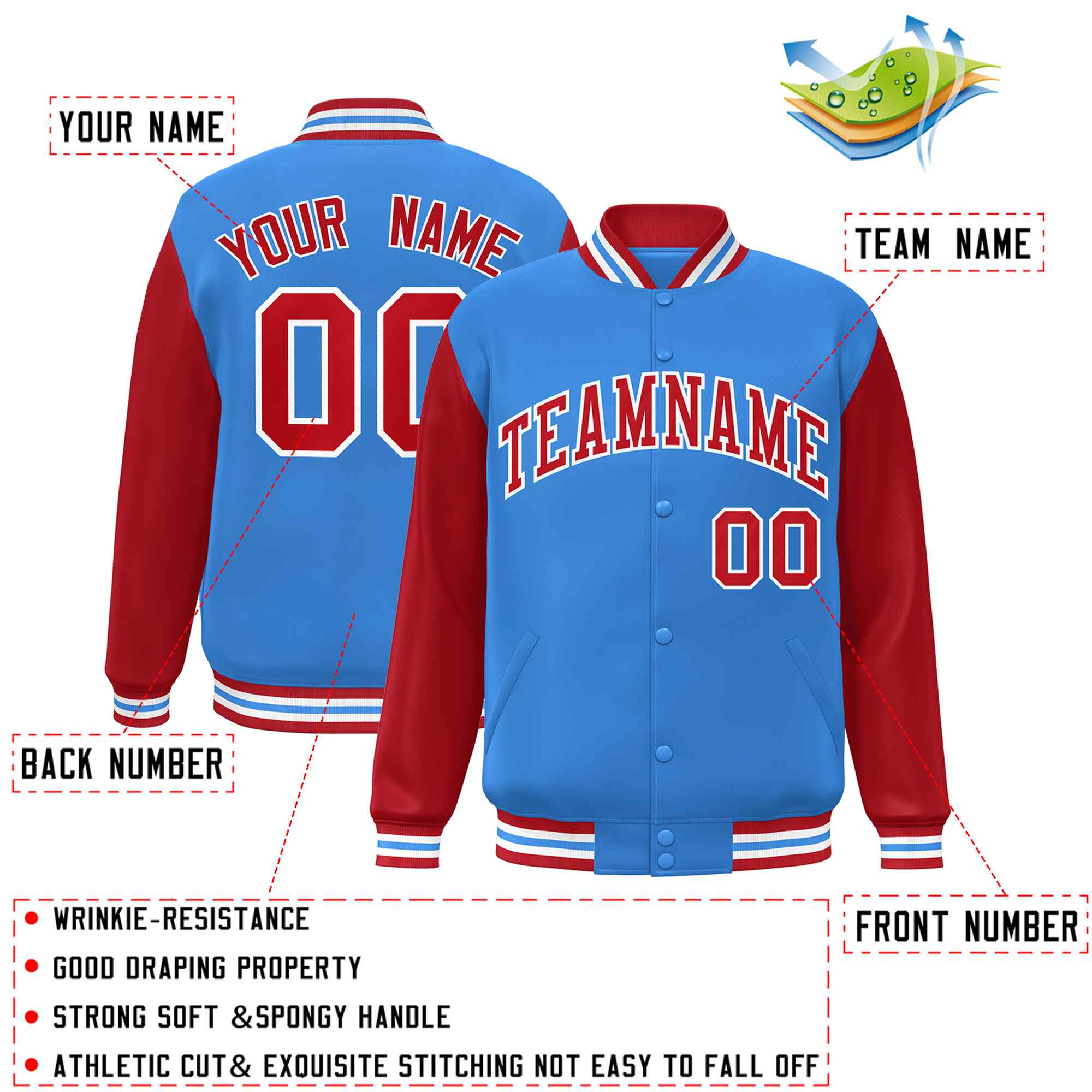 Custom Powder Blue Red-White Raglan Sleeves Varsity Full-Snap Letterman Jacket