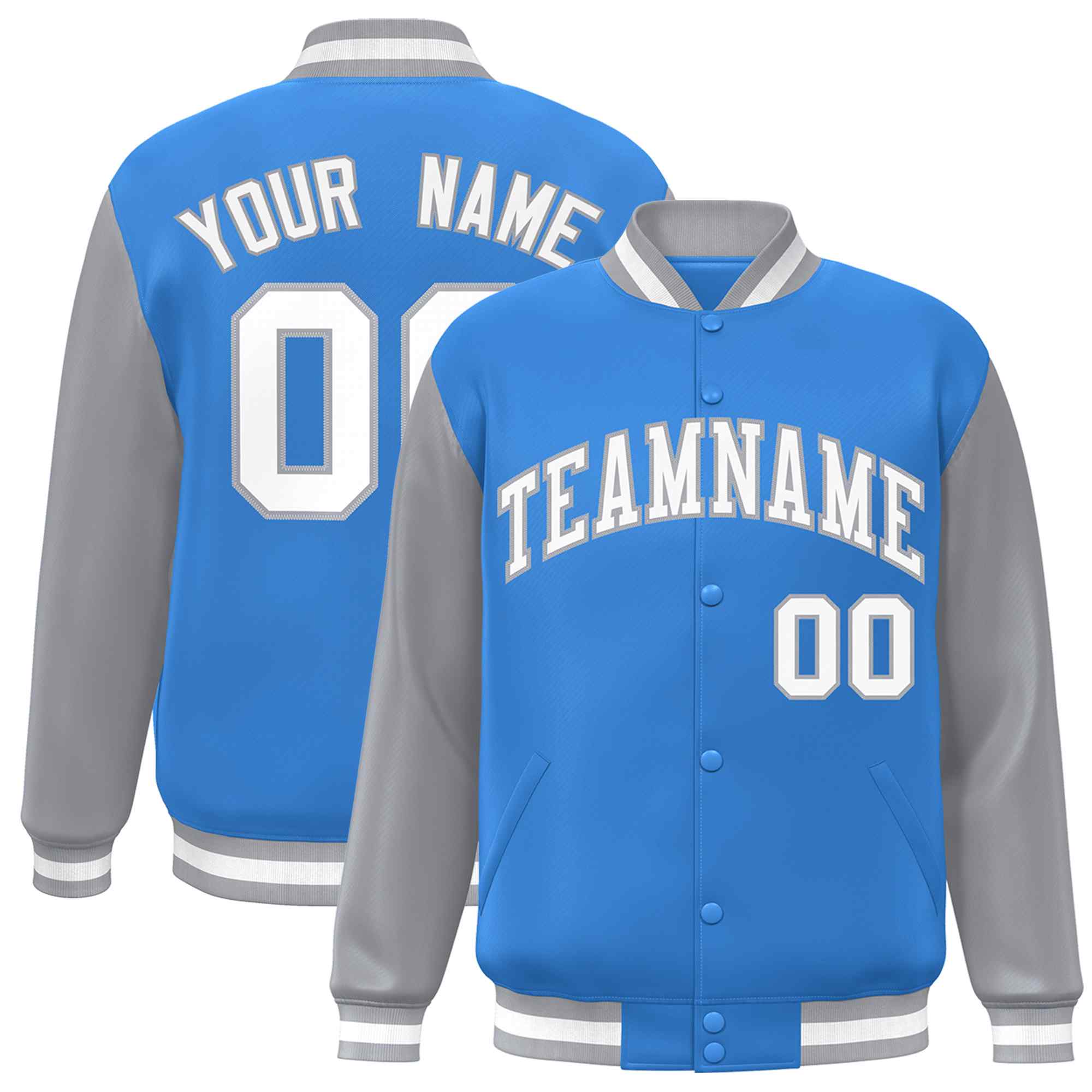 Custom Powder Blue White-Gray Raglan Sleeves Varsity Full-Snap Letterman Jacket