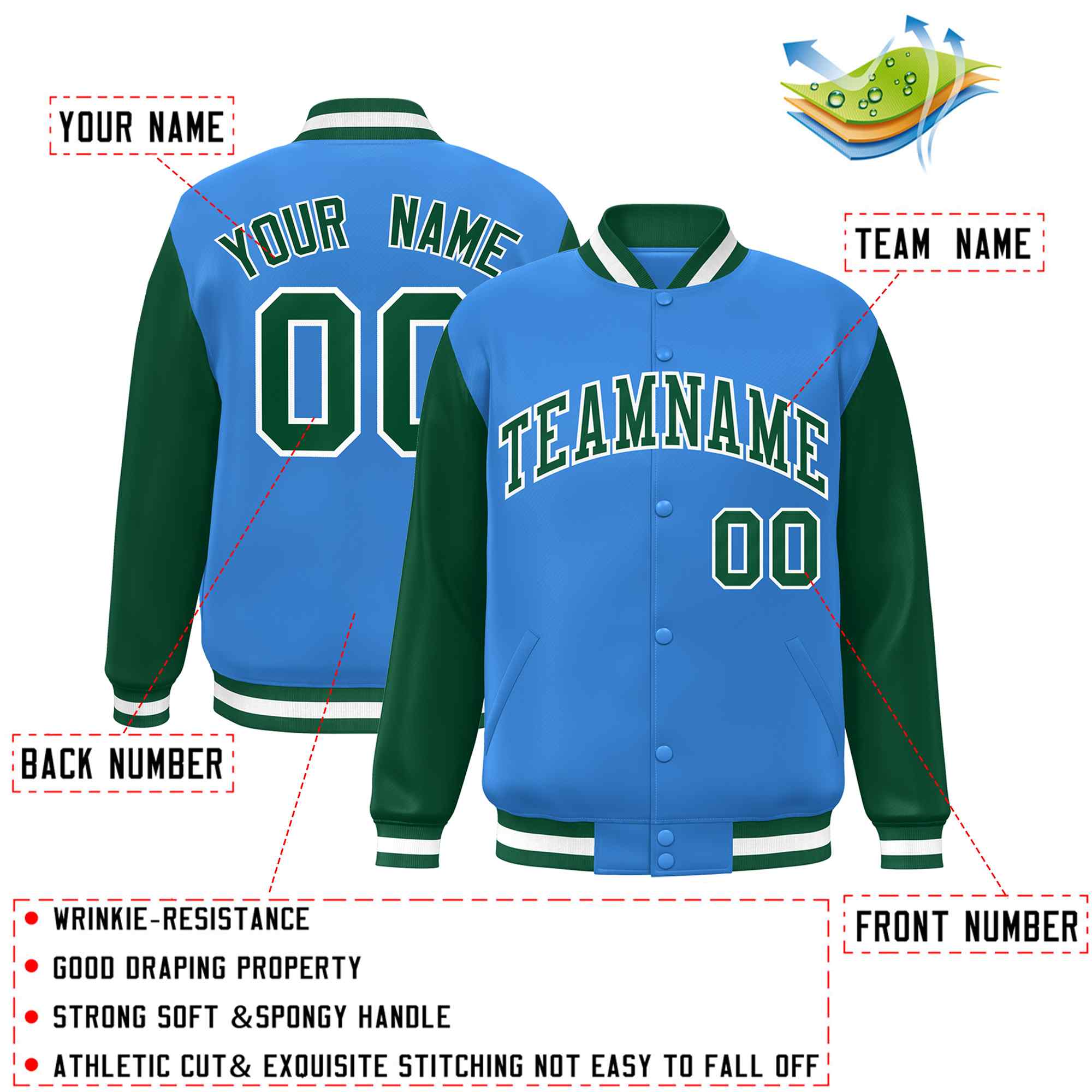 Custom Powder Blue Green-White Raglan Sleeves Varsity Full-Snap Letterman Jacket