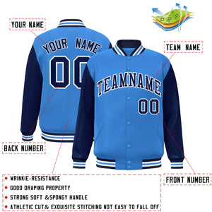 Veste Letterman Varsity Full-Snap à manches raglan bleu marine-blanc personnalisée