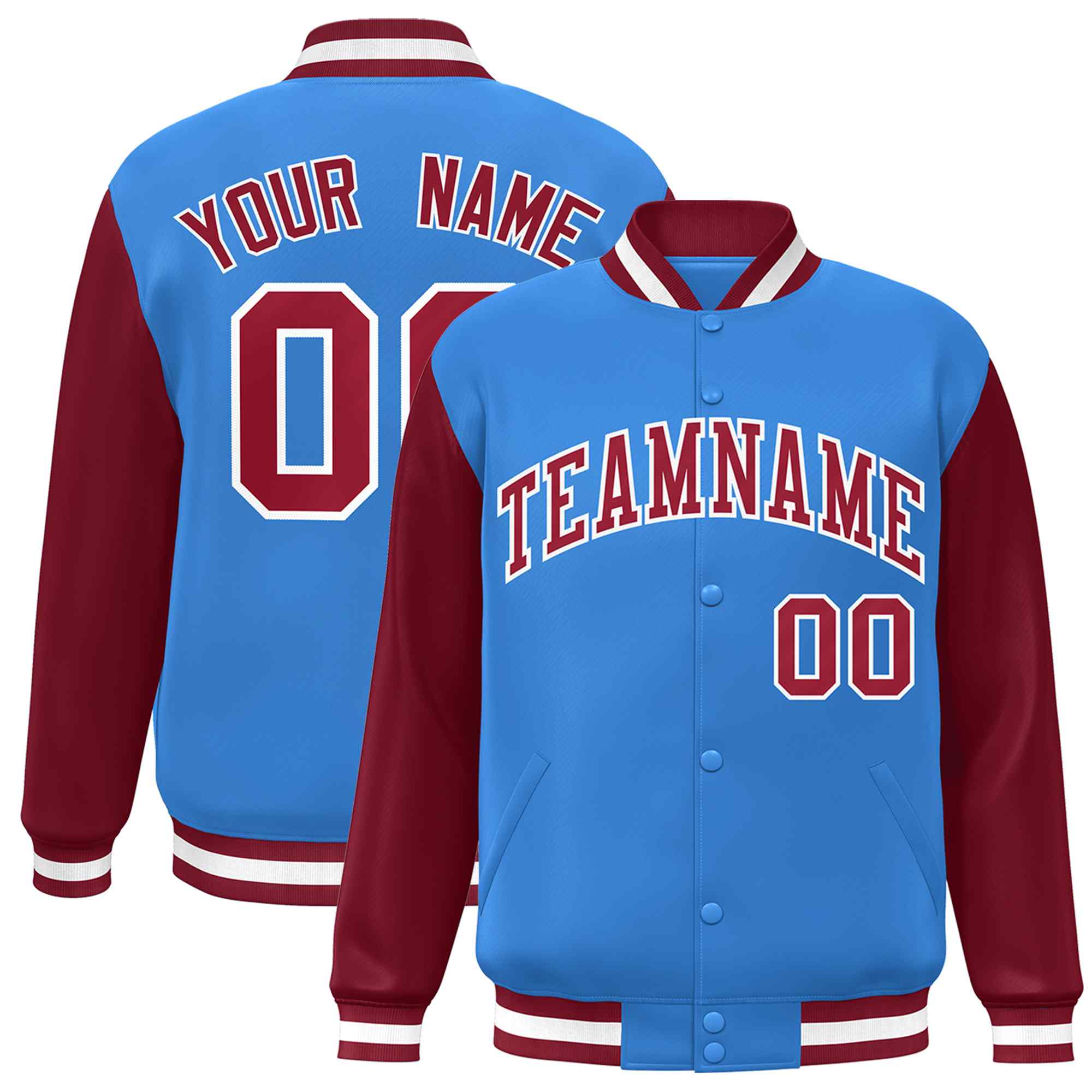 Custom Powder Blue Crimson-White Raglan Sleeves Varsity Full-Snap Letterman Jacket