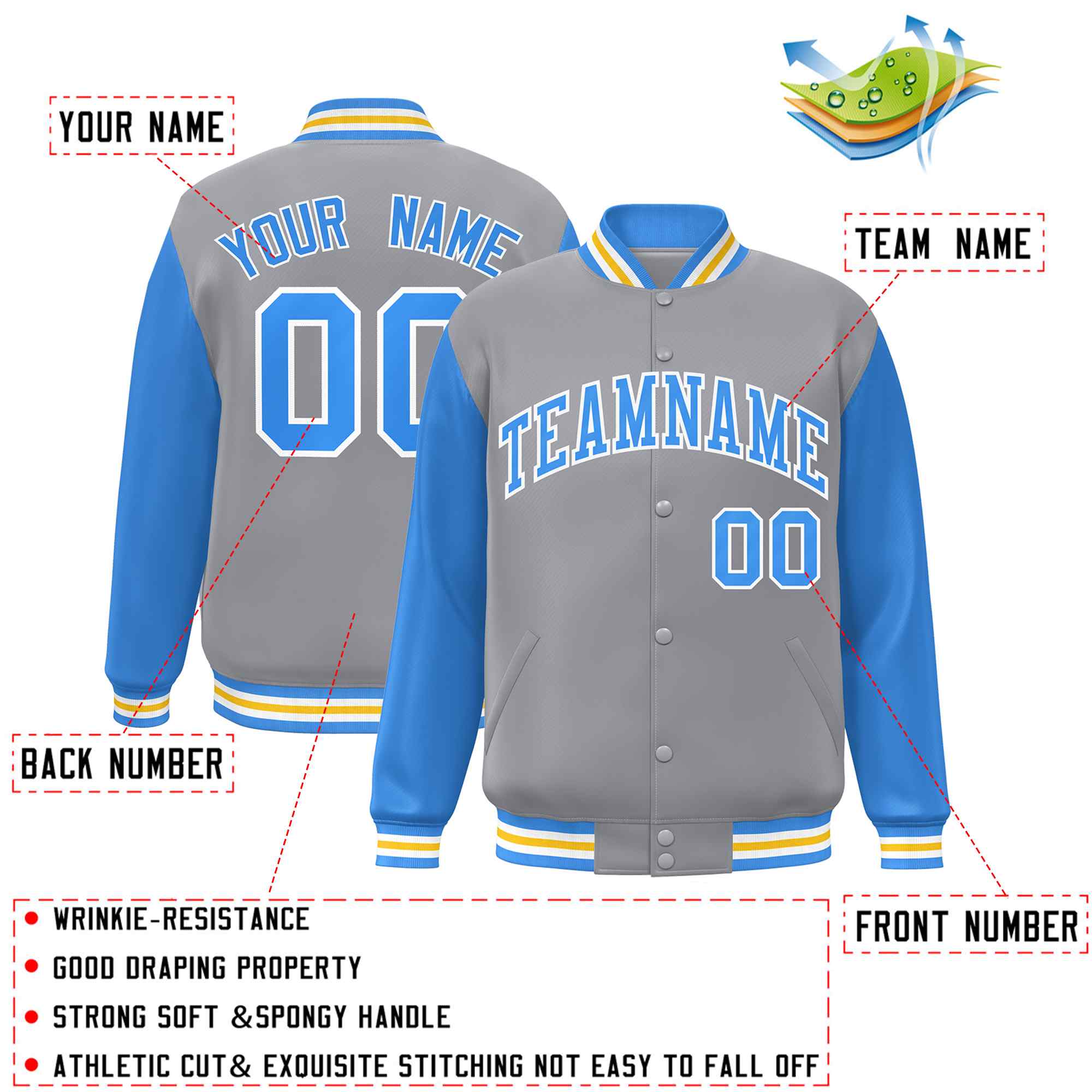 Custom Gray Powder Blue-White Raglan Sleeves Varsity Full-Snap Letterman Jacket