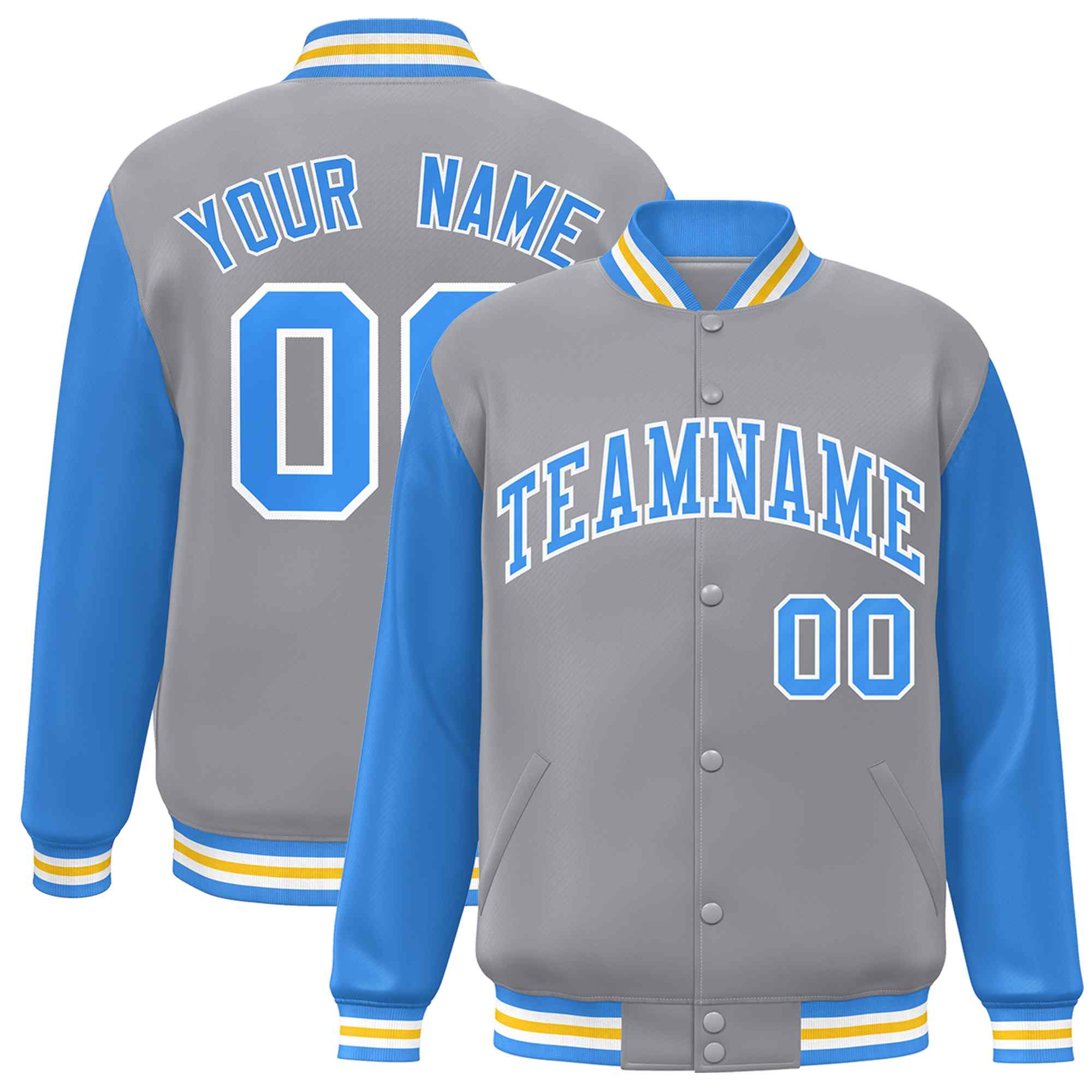 Custom Gray Powder Blue-White Raglan Sleeves Varsity Full-Snap Letterman Jacket