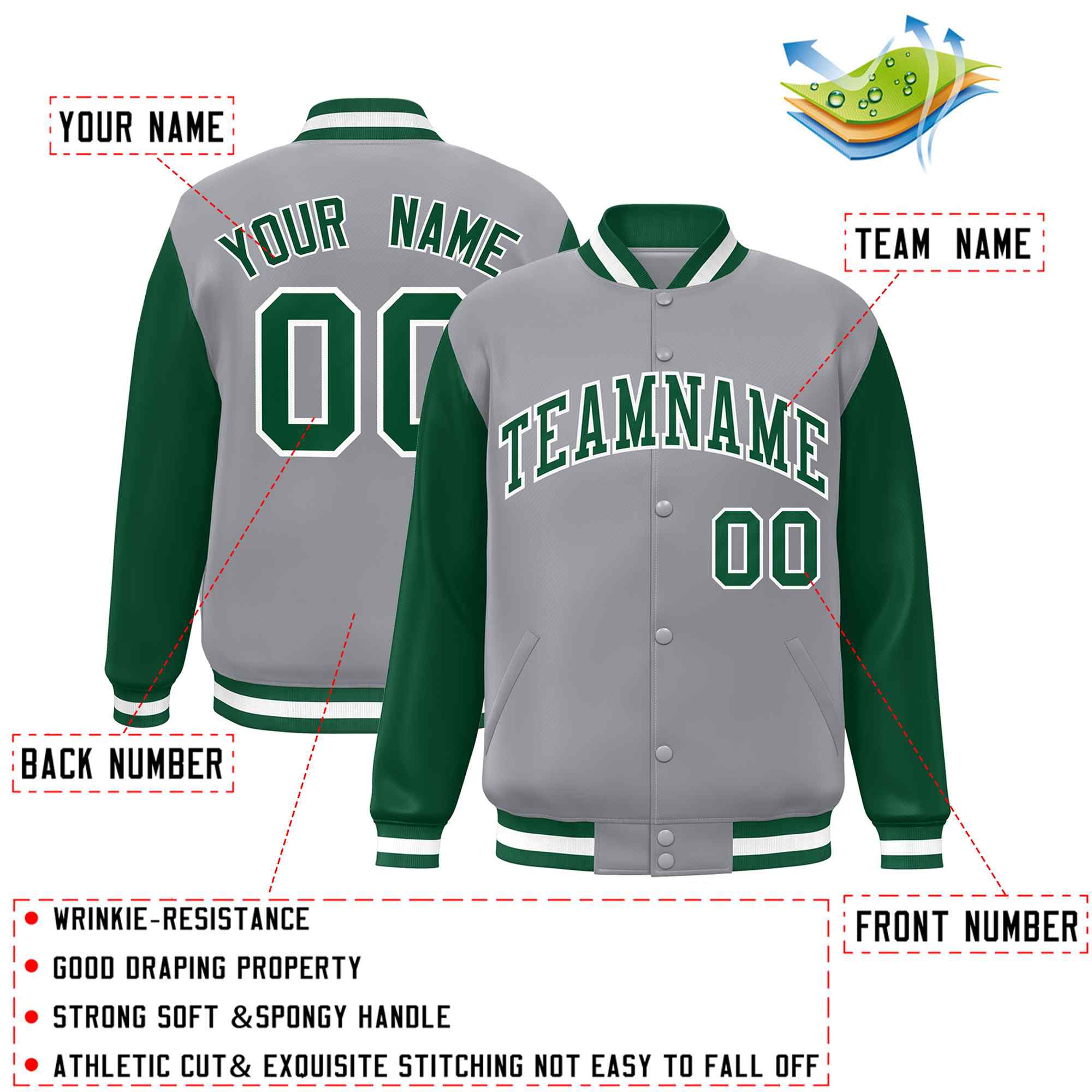 Veste Letterman Varsity Full-Snap à manches raglan gris vert-blanc personnalisée