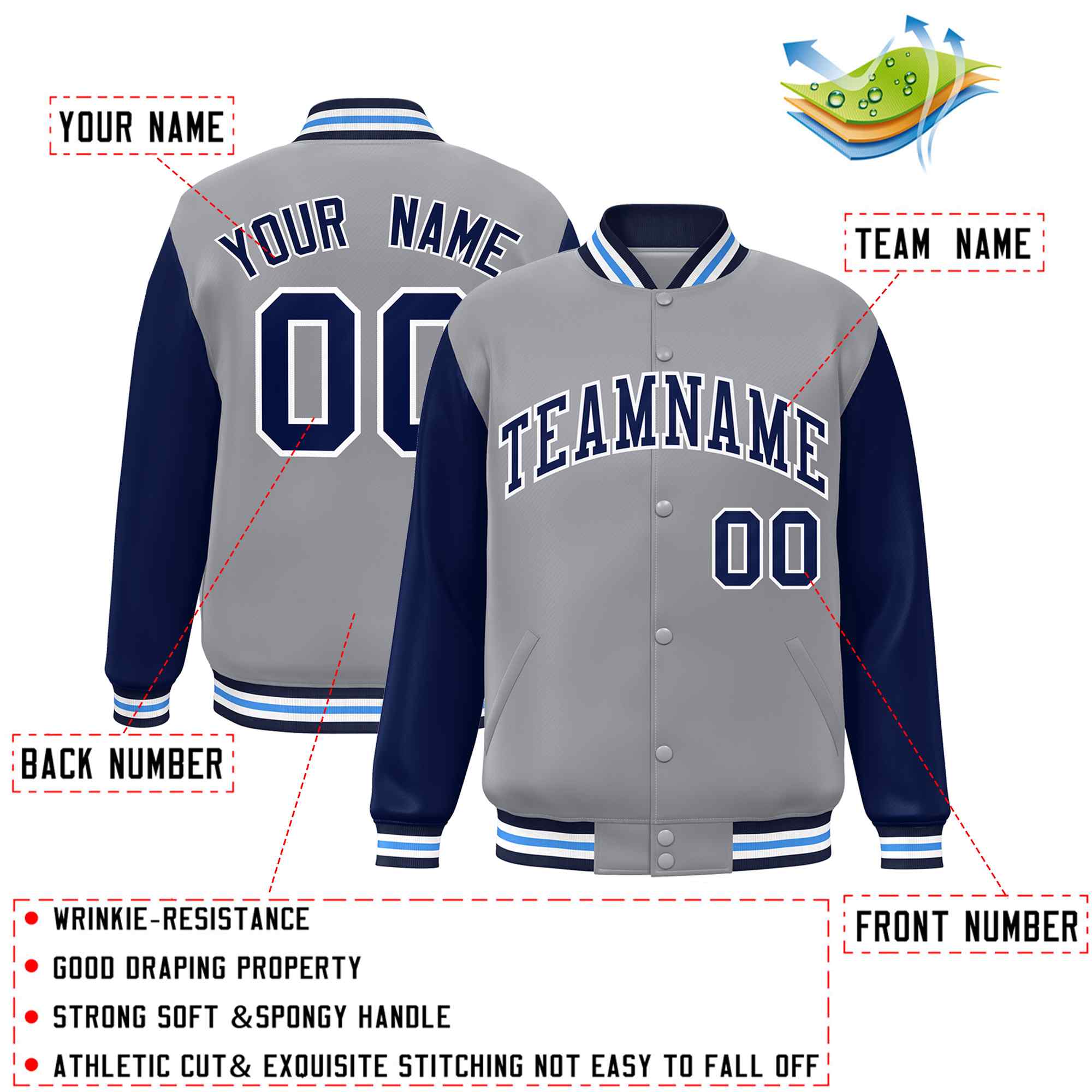 Veste Letterman Varsity Full-Snap à manches raglan gris marine-blanc personnalisée