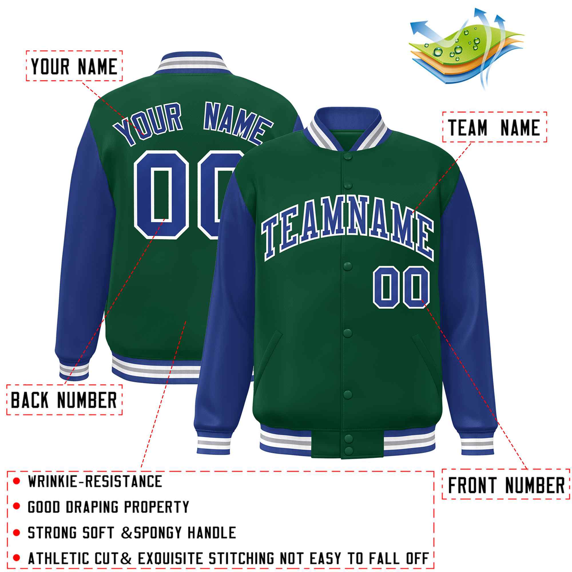 Veste Letterman Varsity Full-Snap à manches raglan vert royal-blanc personnalisée