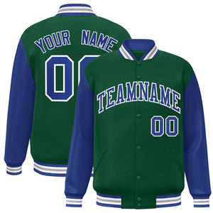 Veste Letterman Varsity Full-Snap à manches raglan vert royal-blanc personnalisée