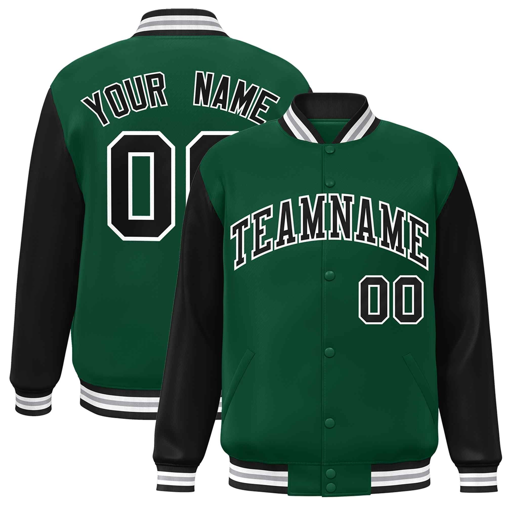 Veste Letterman Varsity Full-Snap à manches raglan personnalisées vert noir-blanc