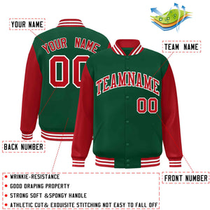 Custom Green Red-White Raglan Sleeves Varsity Full-Snap Letterman Jacket