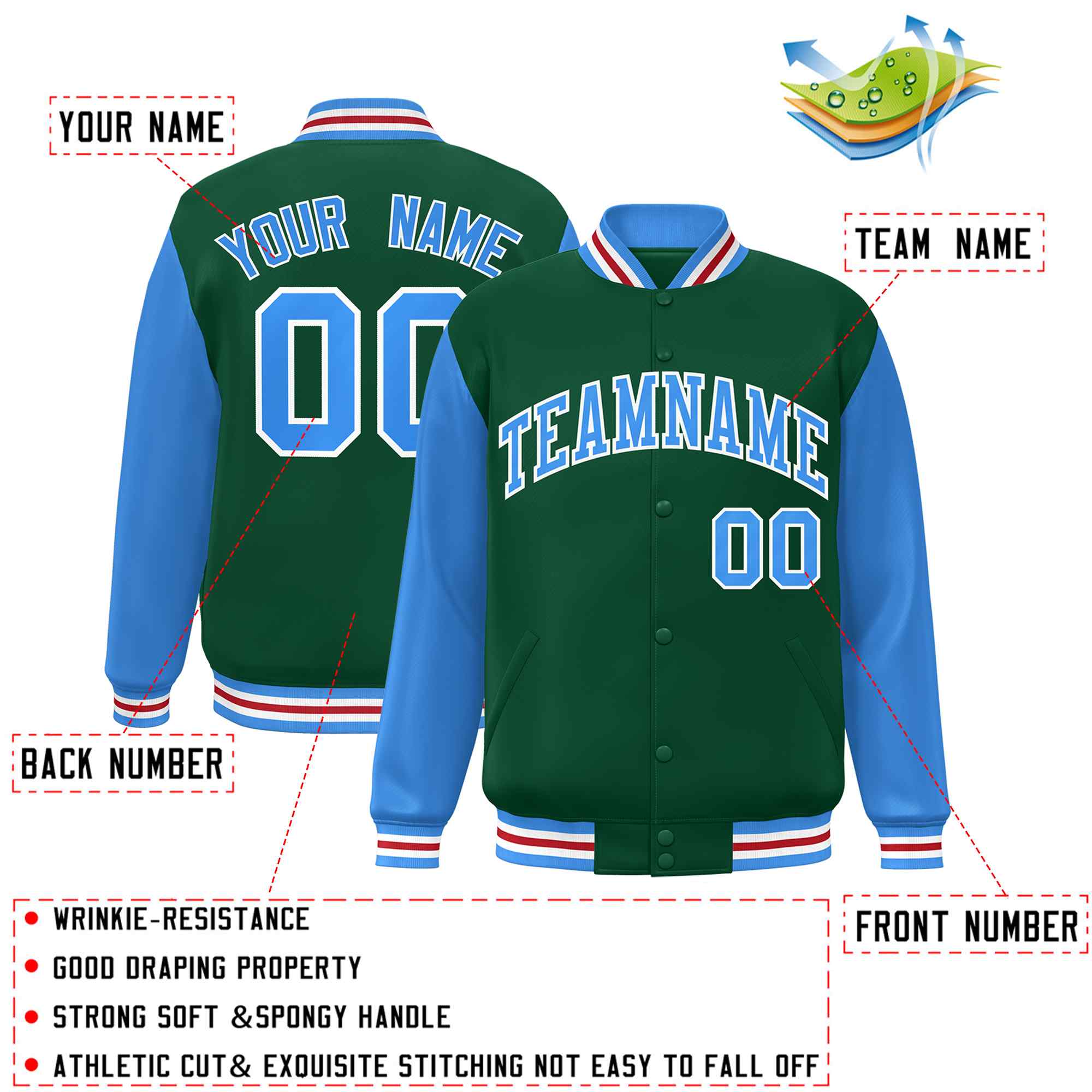 Custom Green Powder Blue-White Raglan Sleeves Varsity Full-Snap Letterman Jacket