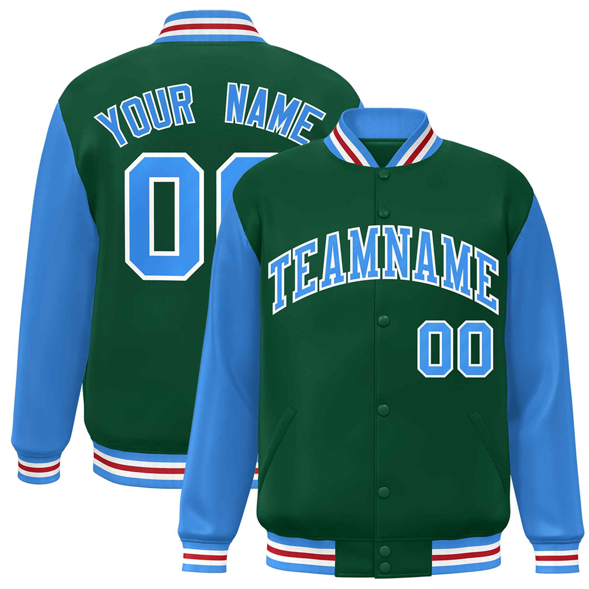 Custom Green Powder Blue-White Raglan Sleeves Varsity Full-Snap Letterman Jacket