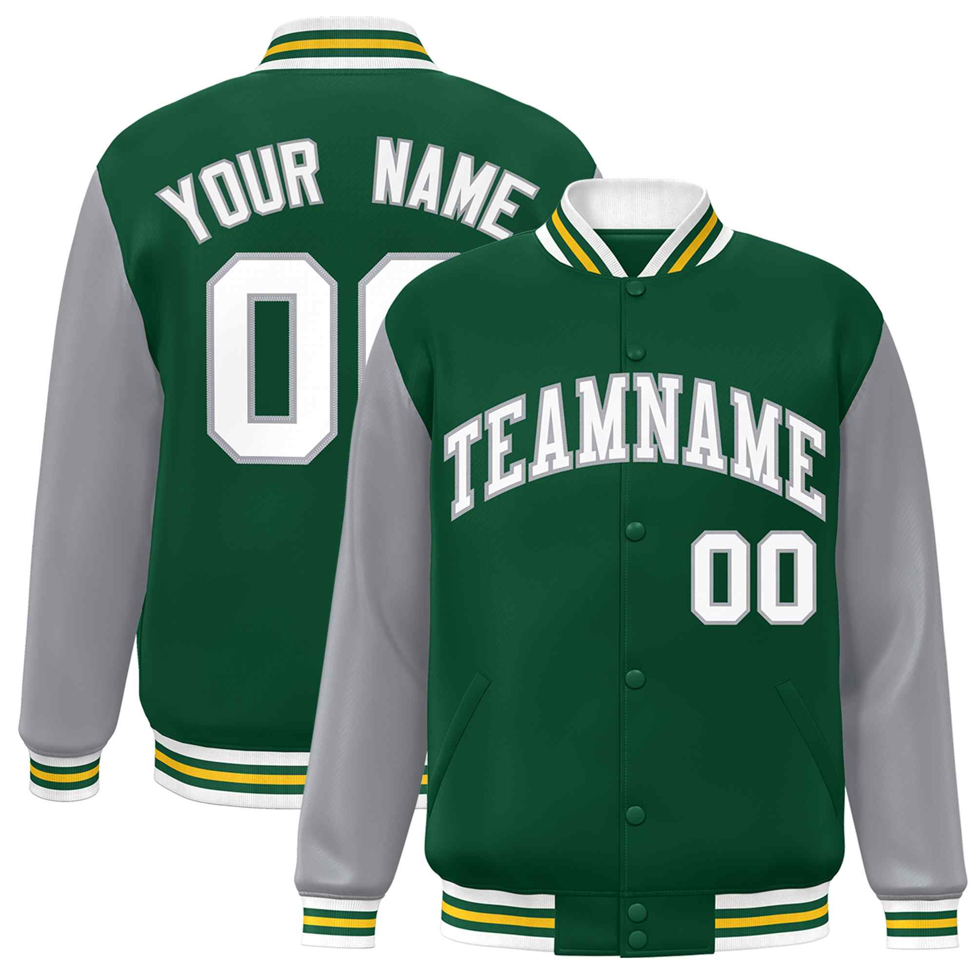 Custom Green White-Green Raglan Sleeves Varsity Full-Snap Letterman Jacket