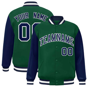 Custom Green Navy-White Raglan Sleeves Varsity Full-Snap Letterman Jacket