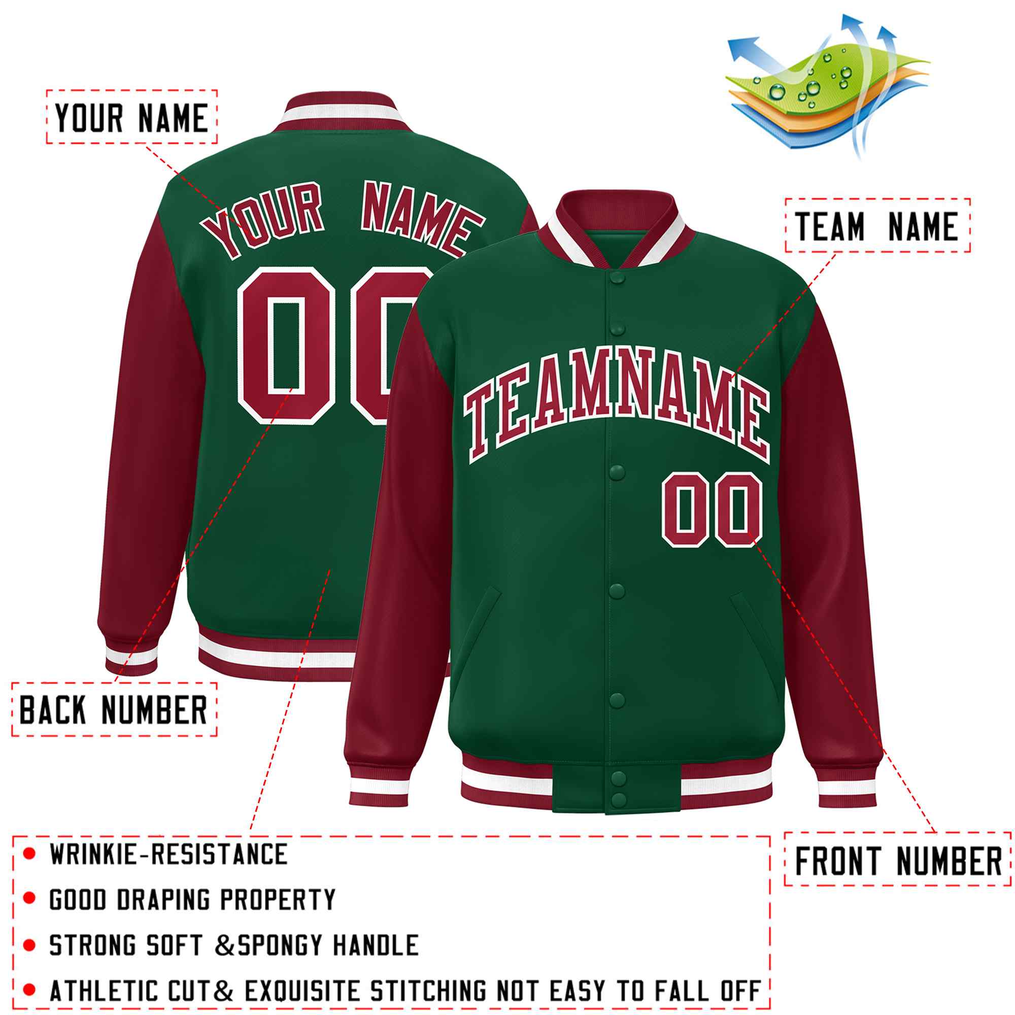 Custom Green Crimson-White Raglan Sleeves Varsity Full-Snap Letterman Jacket