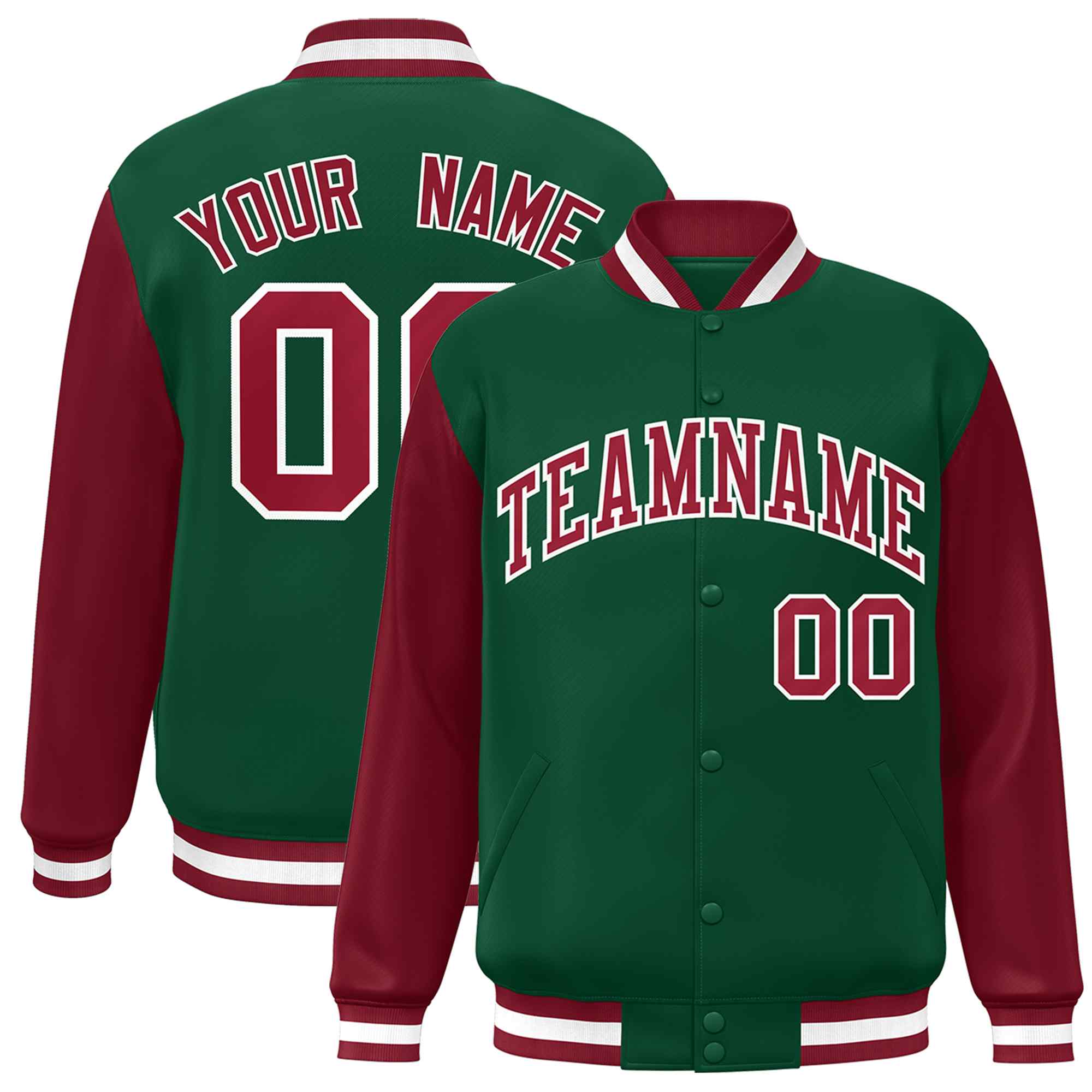 Custom Green Crimson-White Raglan Sleeves Varsity Full-Snap Letterman Jacket