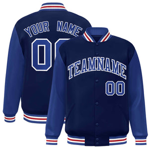 Veste Letterman Varsity Full-Snap à manches raglan bleu marine et blanc personnalisée