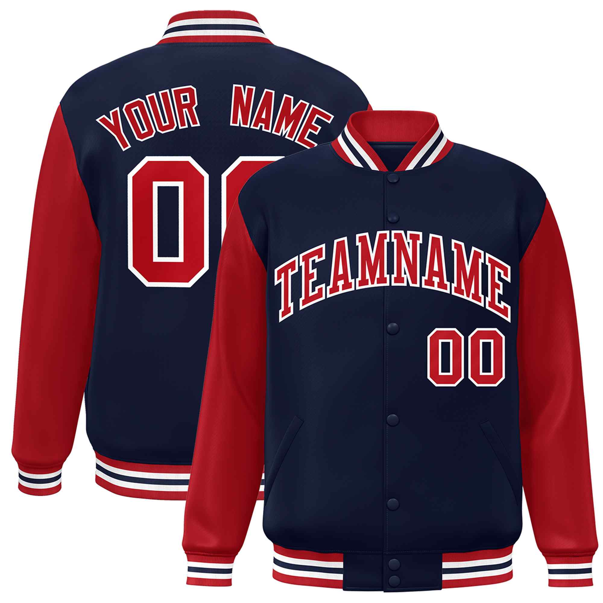 Veste Letterman Varsity Full-Snap à manches raglan personnalisées bleu marine et blanc