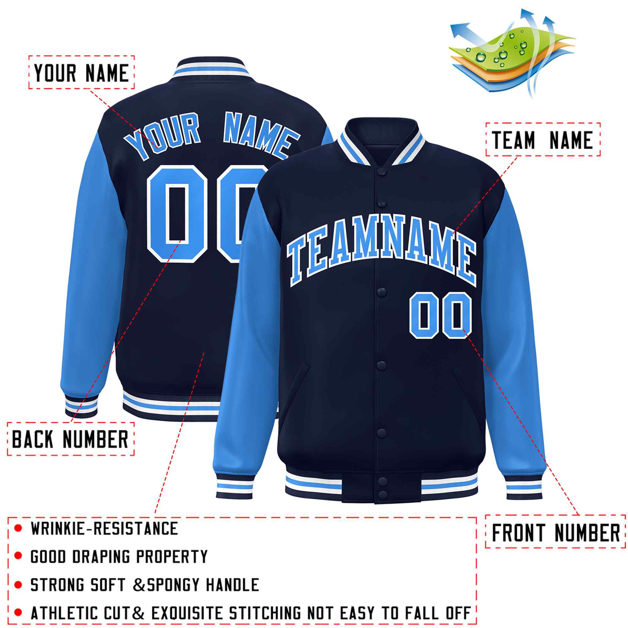 Veste Letterman Varsity Full-Snap à manches raglan bleu marine-blanc personnalisée