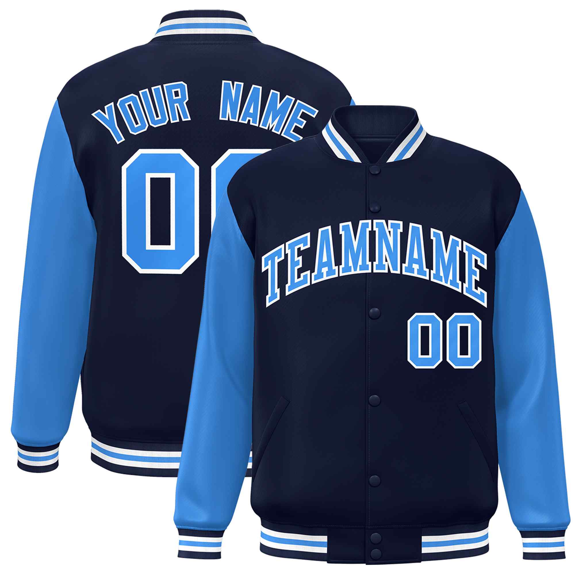 Veste Letterman Varsity Full-Snap à manches raglan bleu marine-blanc personnalisée