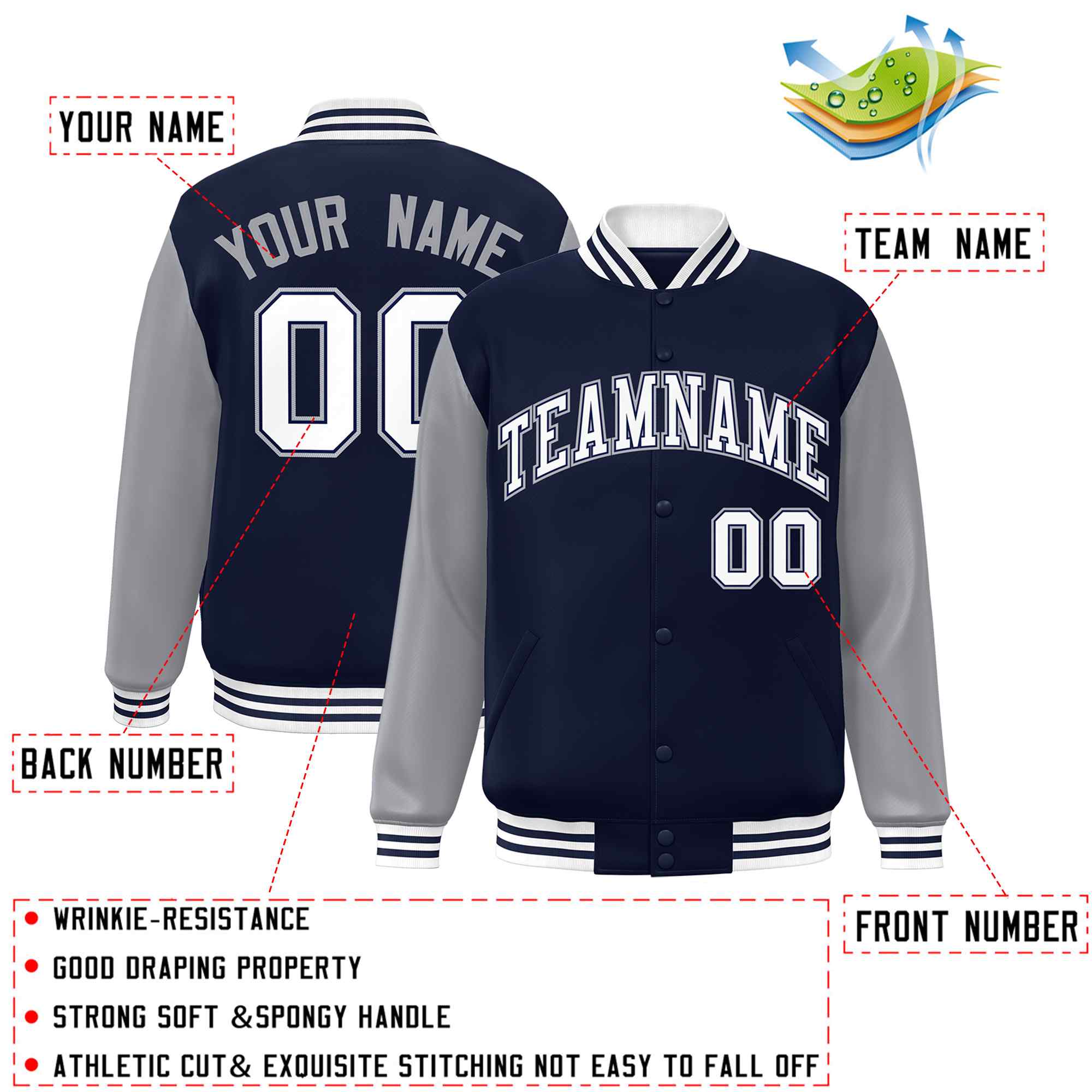 Custom Navy White-Navy Raglan Sleeves Varsity Full-Snap Letterman Jacket