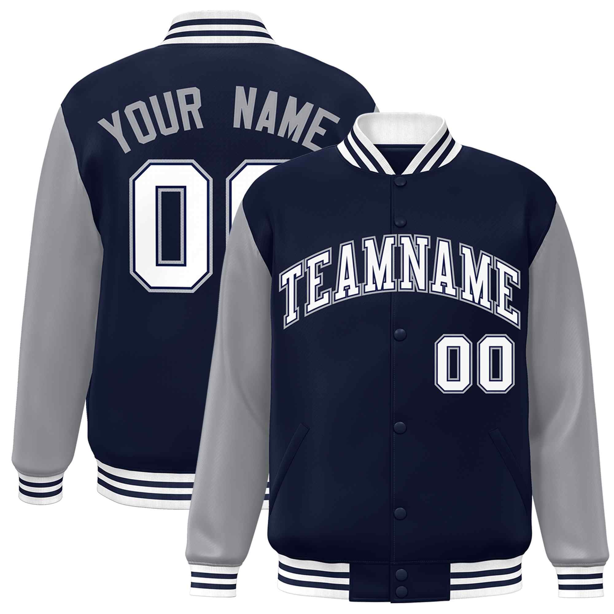 Veste Letterman universitaire à manches raglan blanc-marine personnalisée