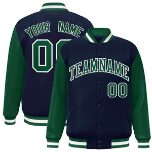 Custom Navy Green-White Raglan Sleeves Varsity Full-Snap Letterman Jacket