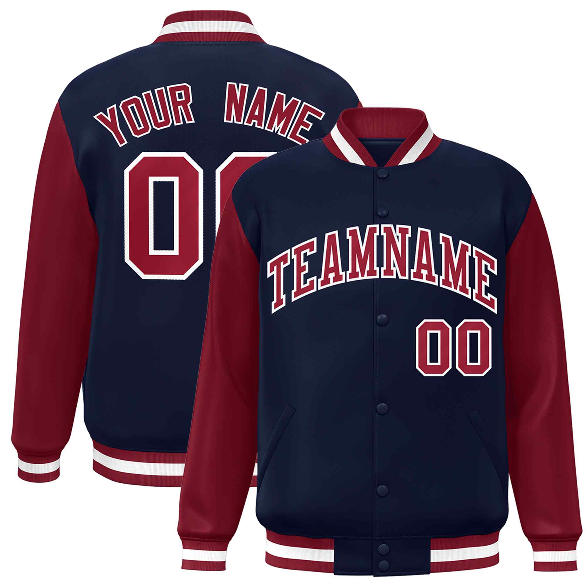 Veste Letterman Varsity Full-Snap à manches raglan bleu marine et blanc personnalisée