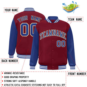 Custom Crimson Royal-Khaki Raglan Sleeves Varsity Full-Snap Letterman Jacket