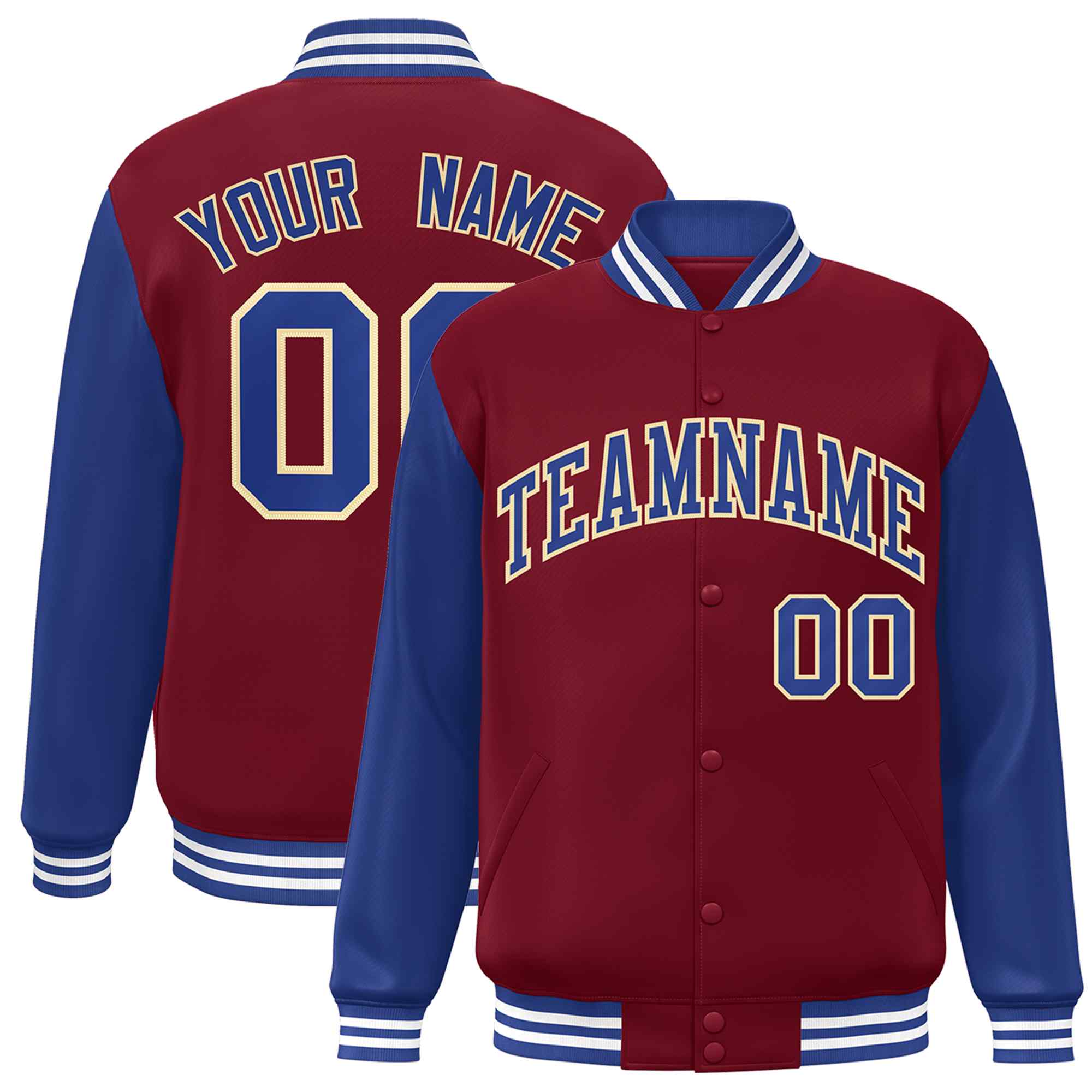 Custom Crimson Royal-Khaki Raglan Sleeves Varsity Full-Snap Letterman Jacket