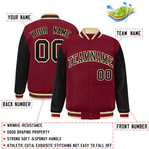 Veste Letterman Varsity Full-Snap Custom Crimson Noir-Kaki à manches raglan