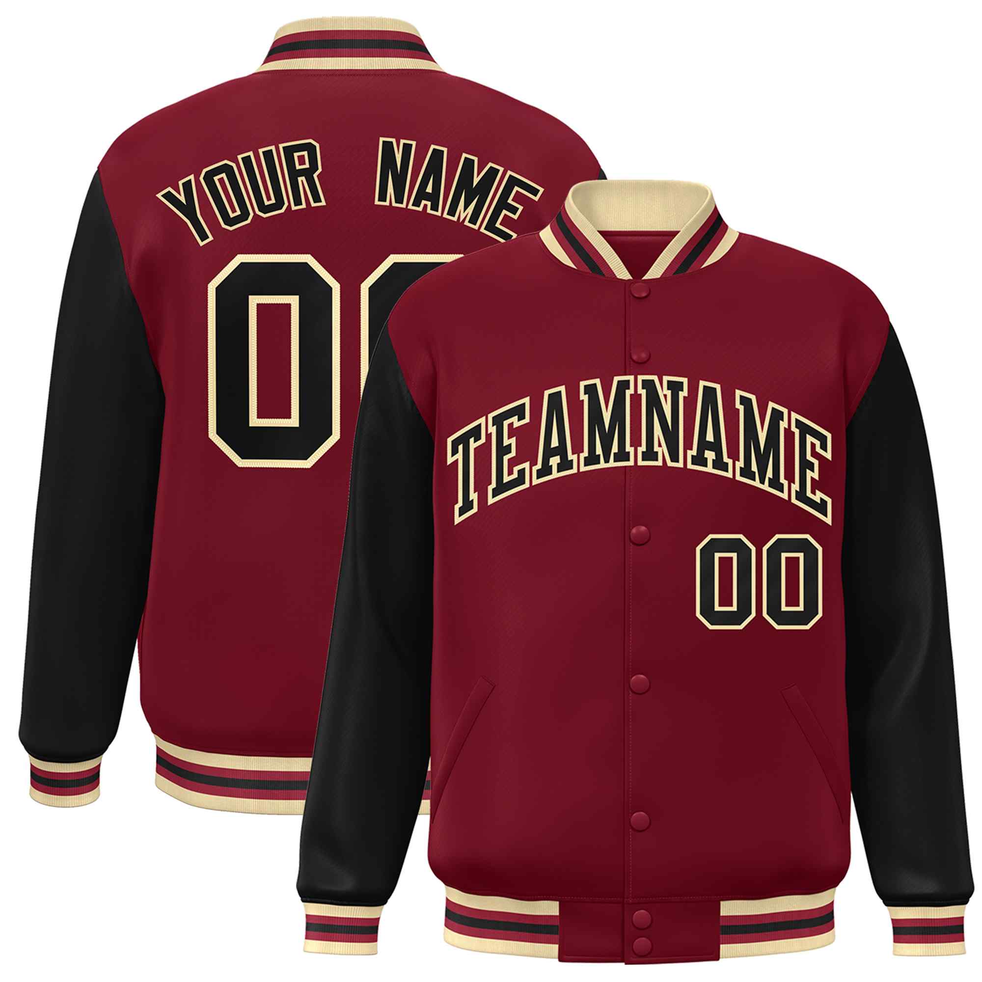 Custom Crimson Black-Khaki Raglan Sleeves Varsity Full-Snap Letterman Jacket