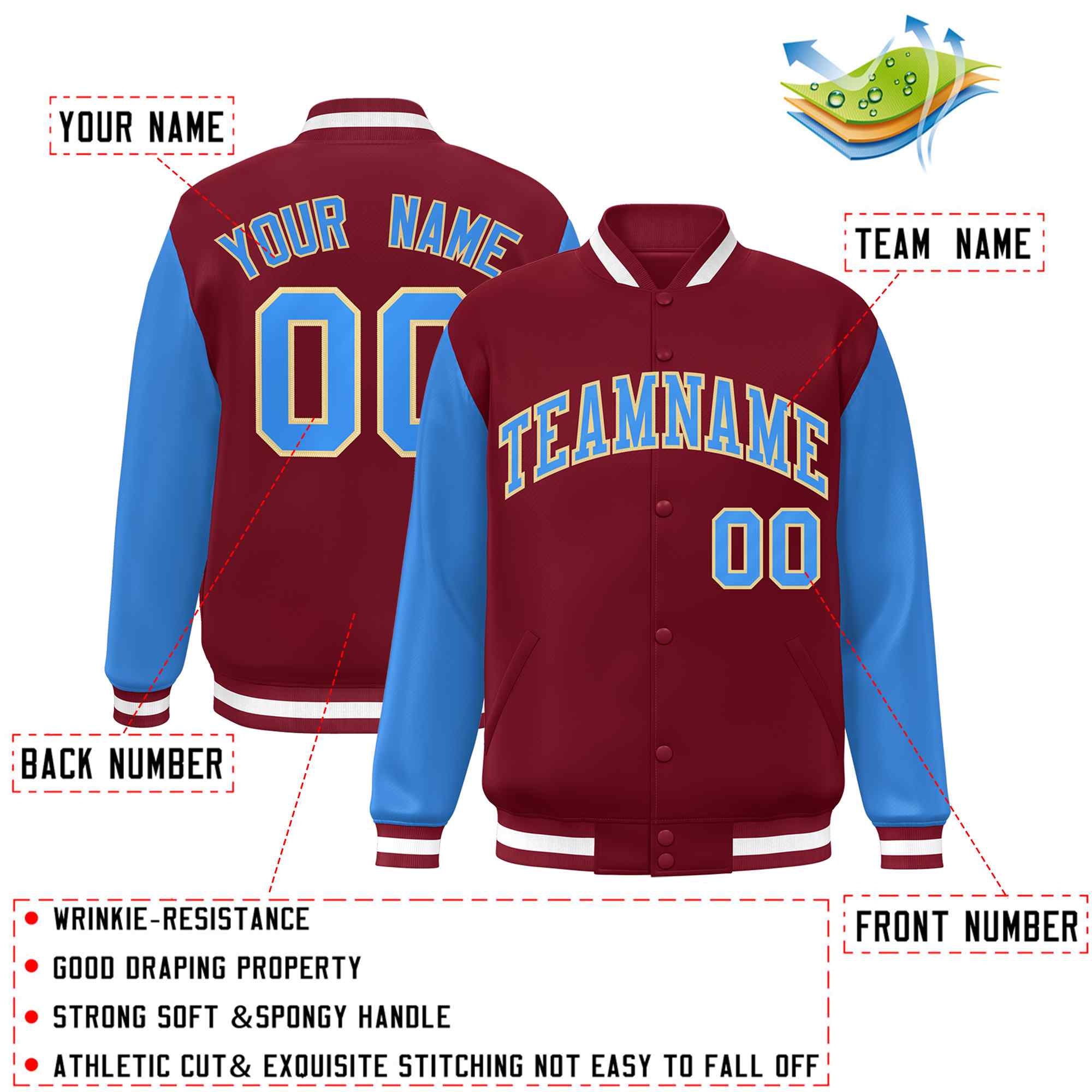 Veste Letterman Varsity Full-Snap à manches raglan bleu-kaki poudre cramoisie personnalisée